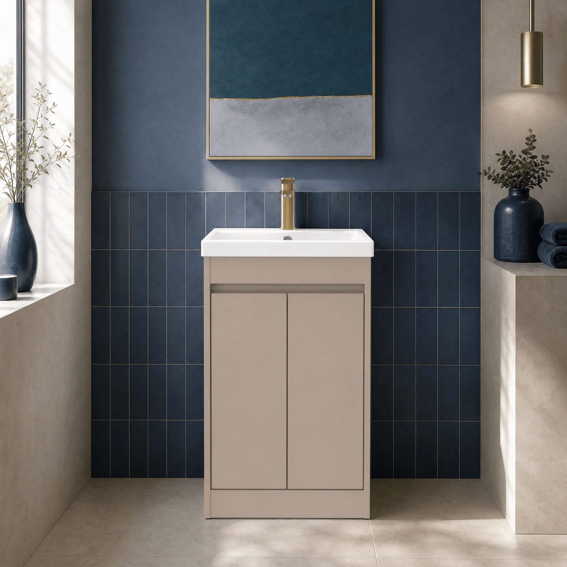 Nuie Havana 500mm 2 Door Floor Standing Unit & Mid-Edge Basin – Soft Linen