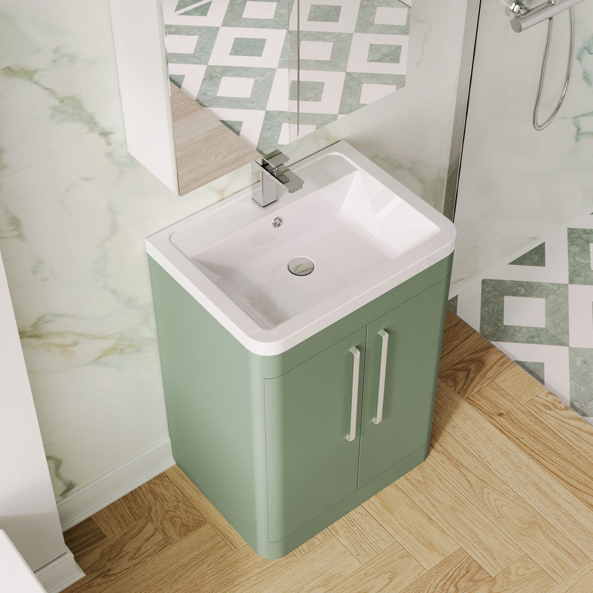 Nuie Parade 600mm 2 Door Floorstanding Vanity Unit & Ceramic Basin – Satin Green