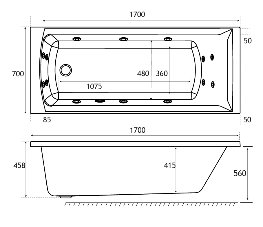 Eastbrook Ultra Strong Beauforte Rockall Single Ended 14 Jet Whirlpool Bath 1700x700x440mm – Chrome
