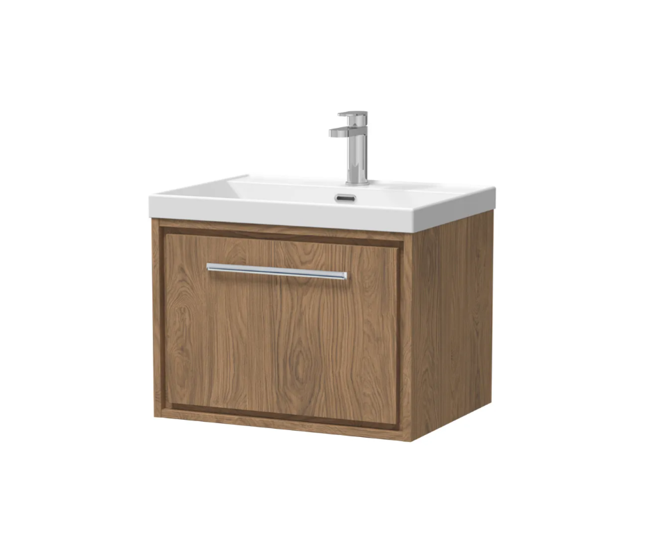 Hudson Reed Lille 600mm 1 Drawer Wall Hung Vanity Unit & Optional Basin – Antique Oak