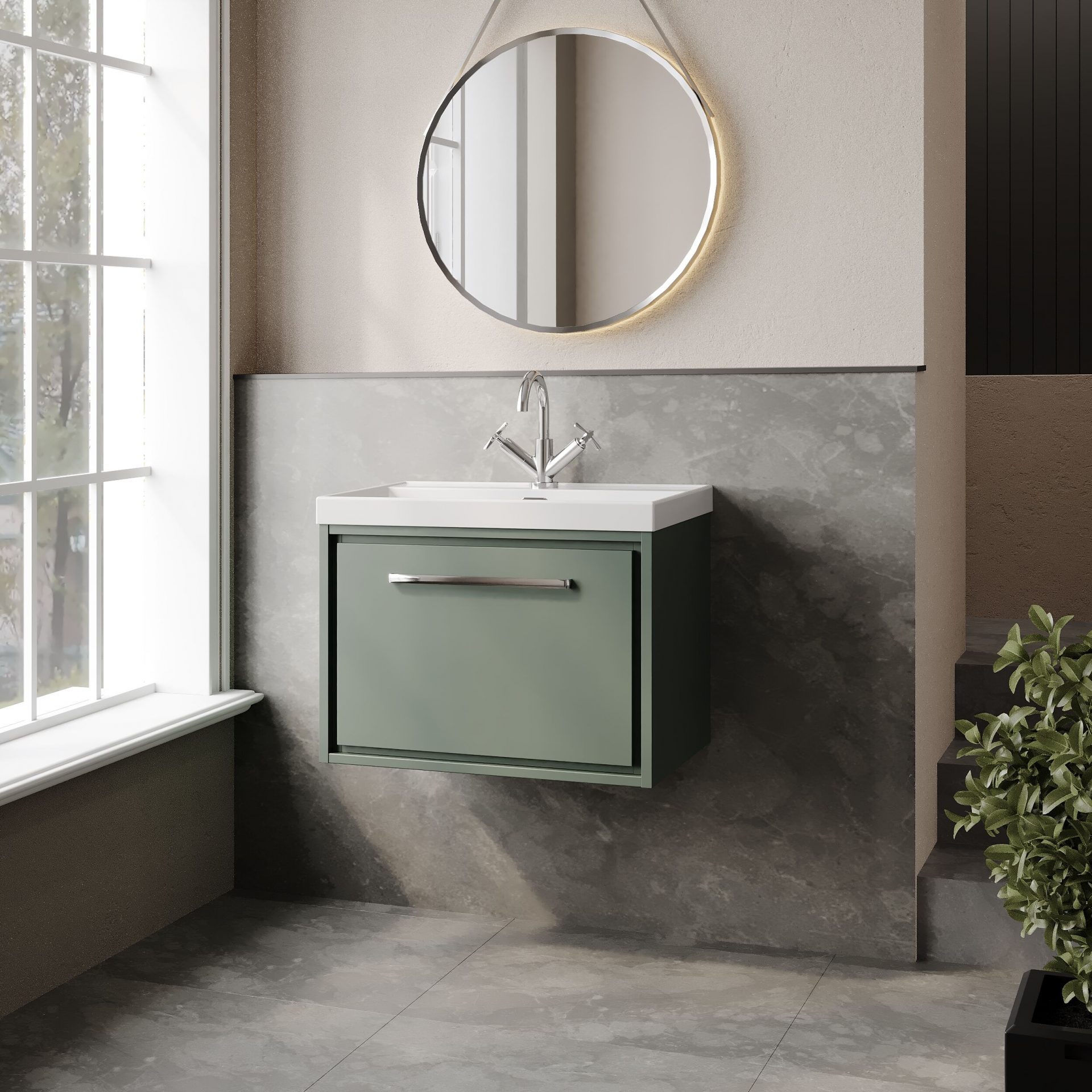 Hudson Reed Lille 600mm 1 Drawer Wall Hung Vanity Unit & Thin-Edge Basin – Fern Green
