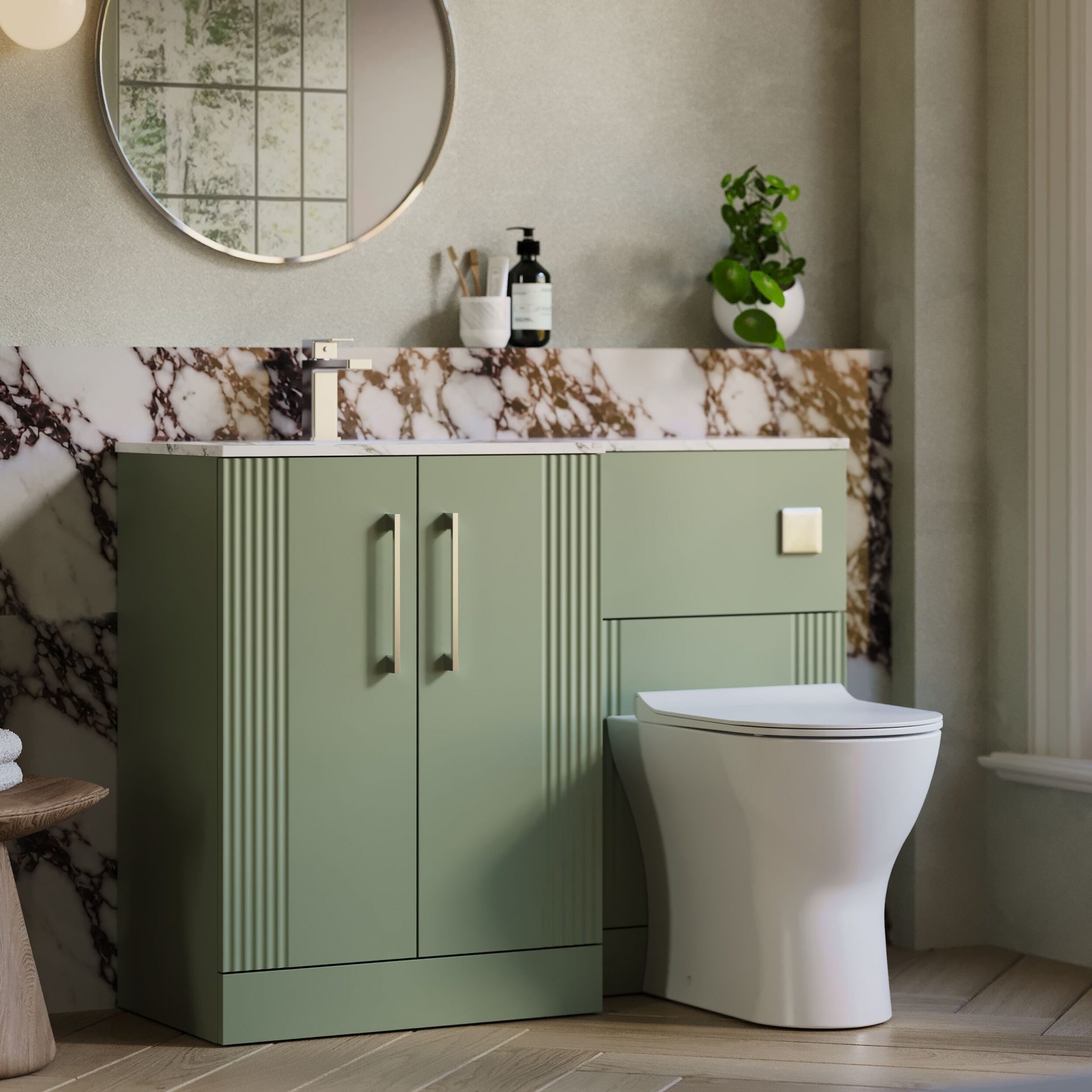 Nuie Deco 1100mm 2 Door Floor Standing Combination Unit with Carrara Marble Basin – Satin Green