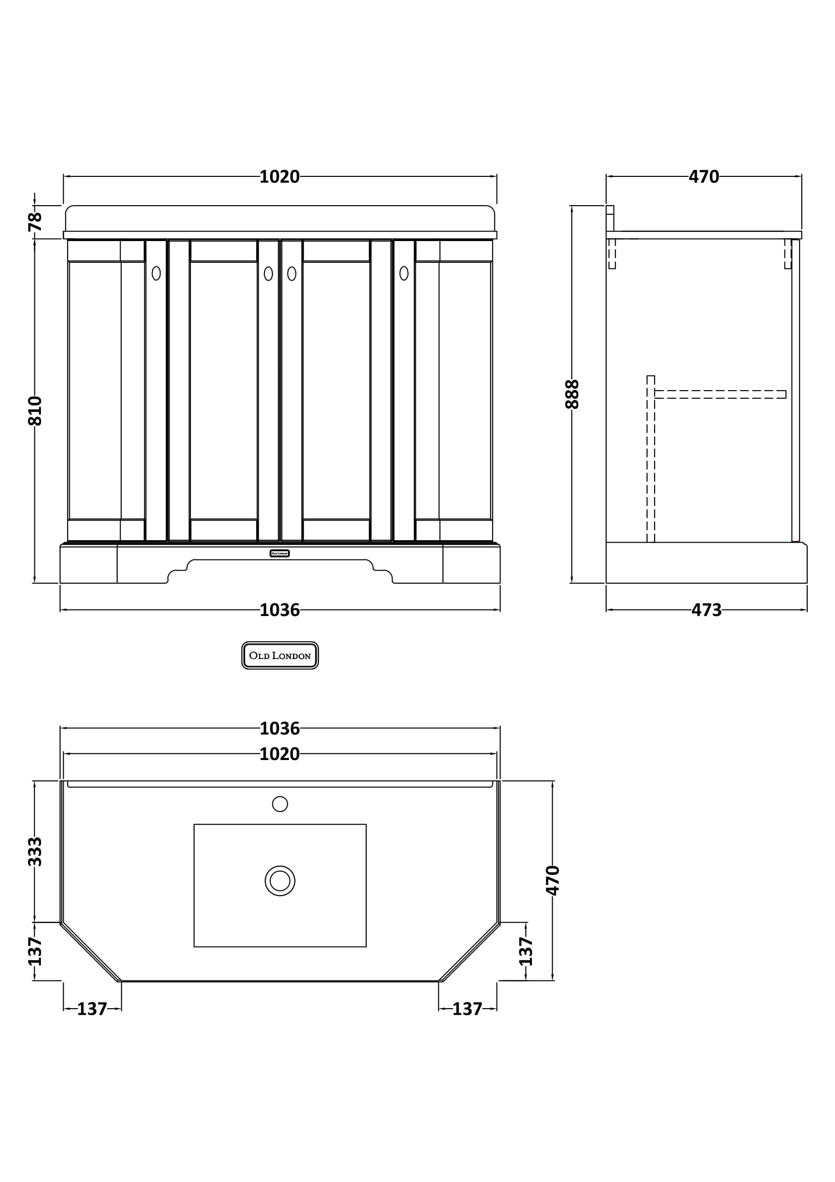 Old London 1000mm 4 Door Floor Standing Angled Vanity Unit & White Marble Basin – Timeless Sand