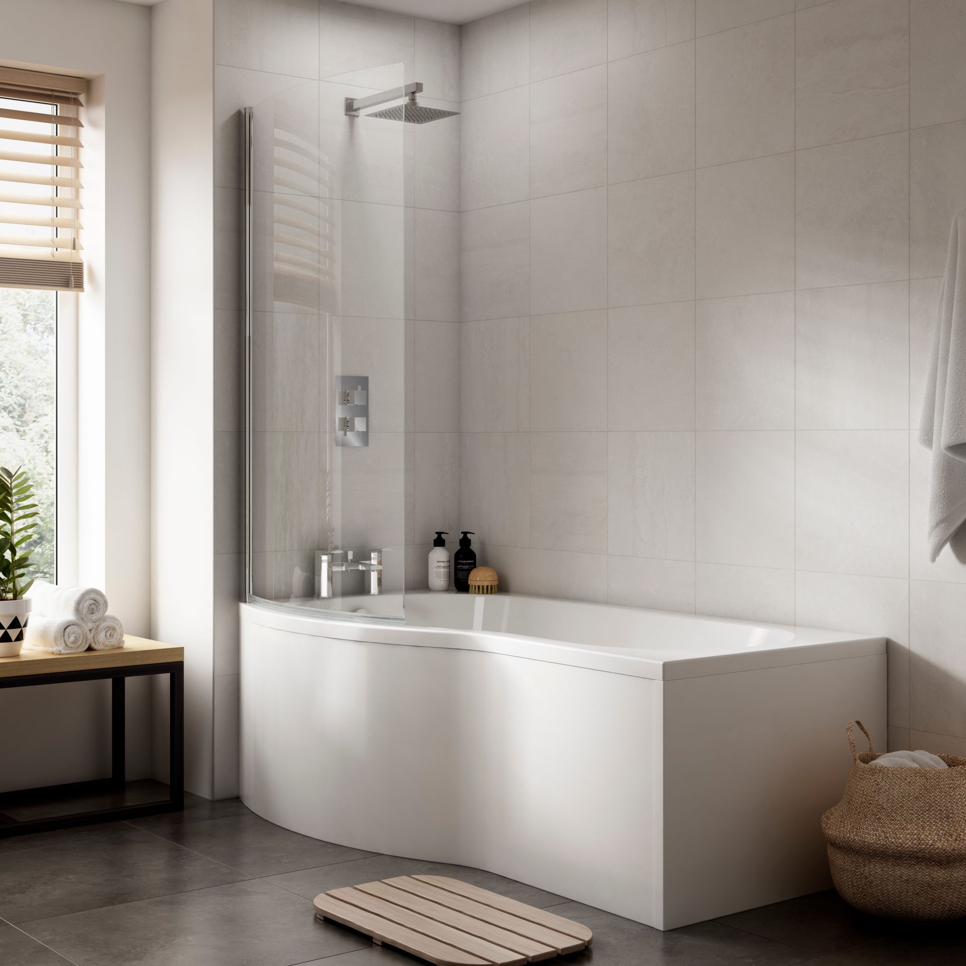 1700mm Left Hand B-Shaped Shower Bath With Screen, Side Panel And Leg Set