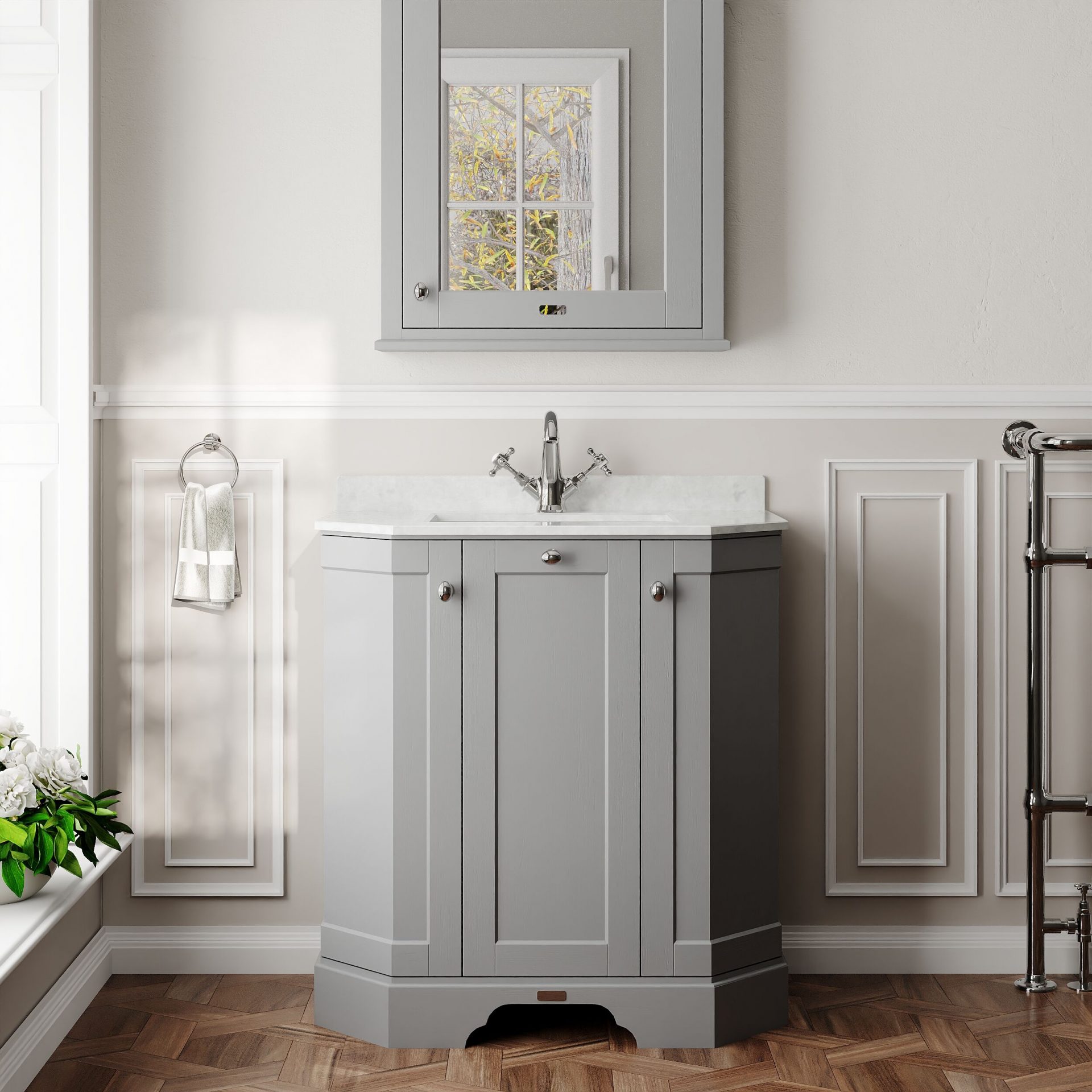 Old London 750mm 3 Door Floor Standing Angled Vanity Unit & White Marble Basin – Storm Grey