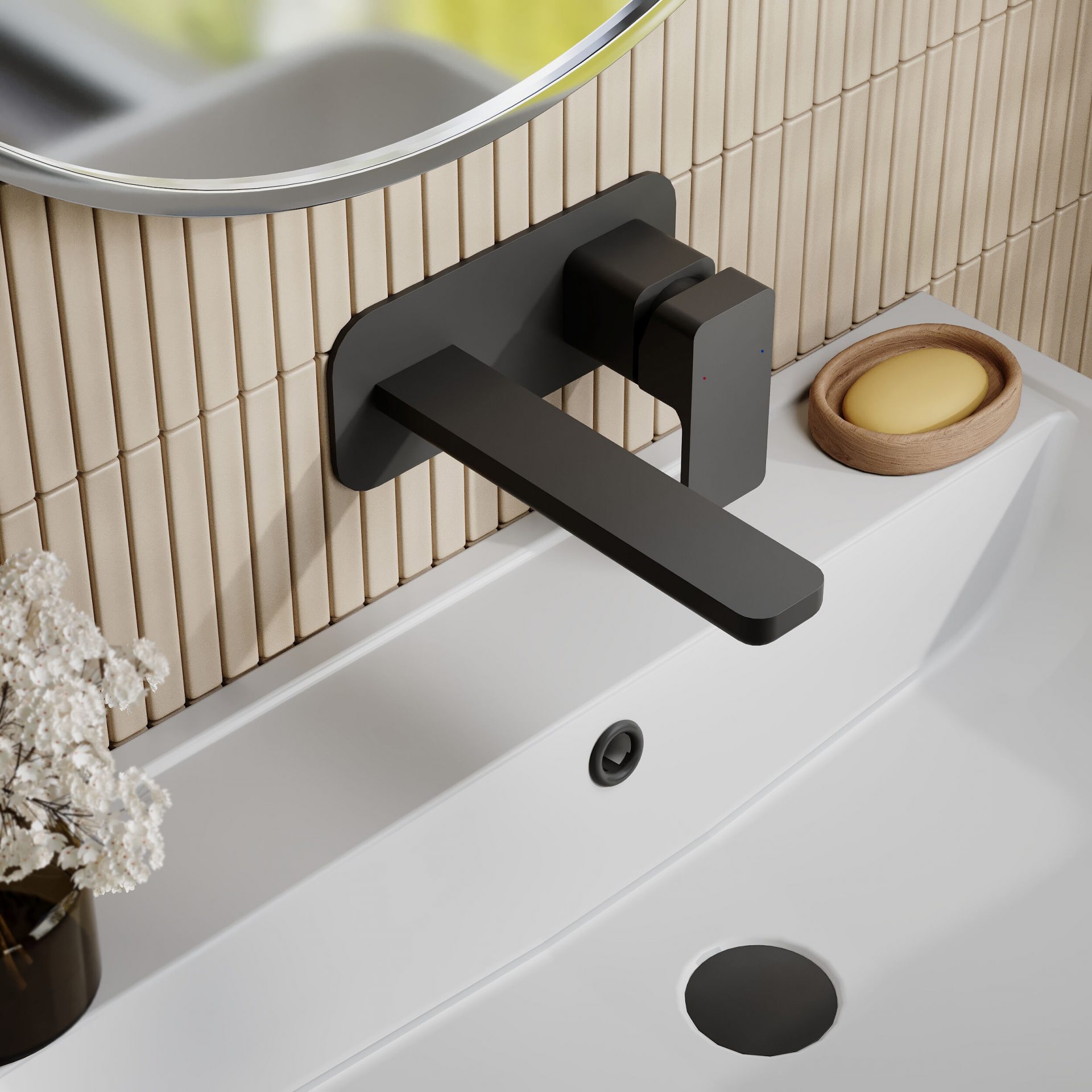 Nuie Windon Wall Mounted 2 Tap Hole Basin Mixer With Plate – Matt Black