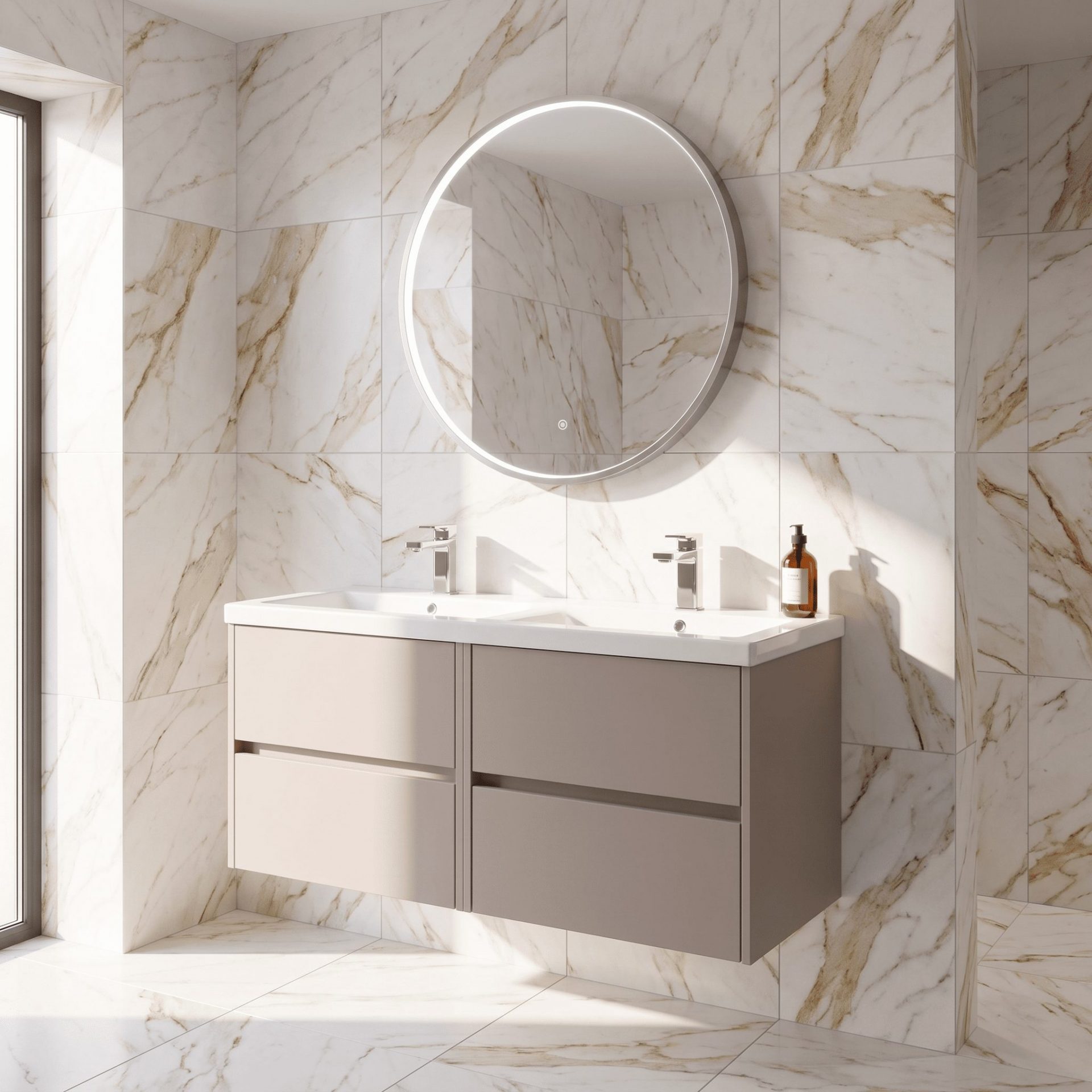 Nuie Havana 1200mm 4 Drawer Wall Hung Unit & Twin Ceramic Basin – Soft Linen