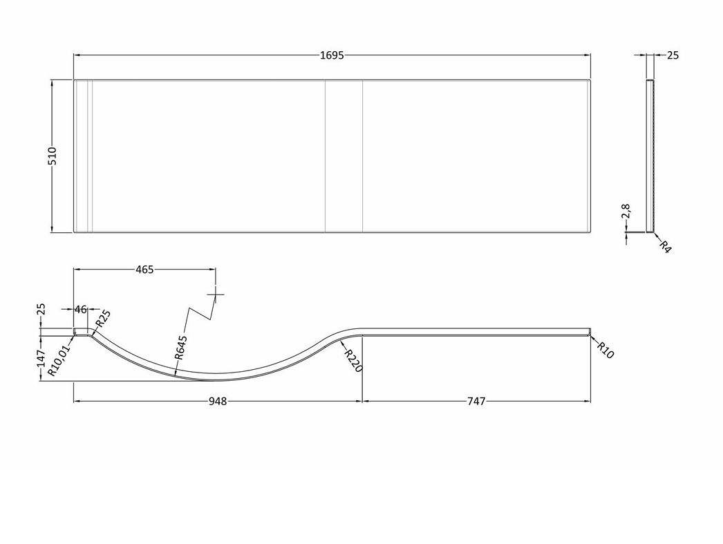 1700mm Right Hand P-Shaped Shower Bath With Screen, Side Panel And Leg Set