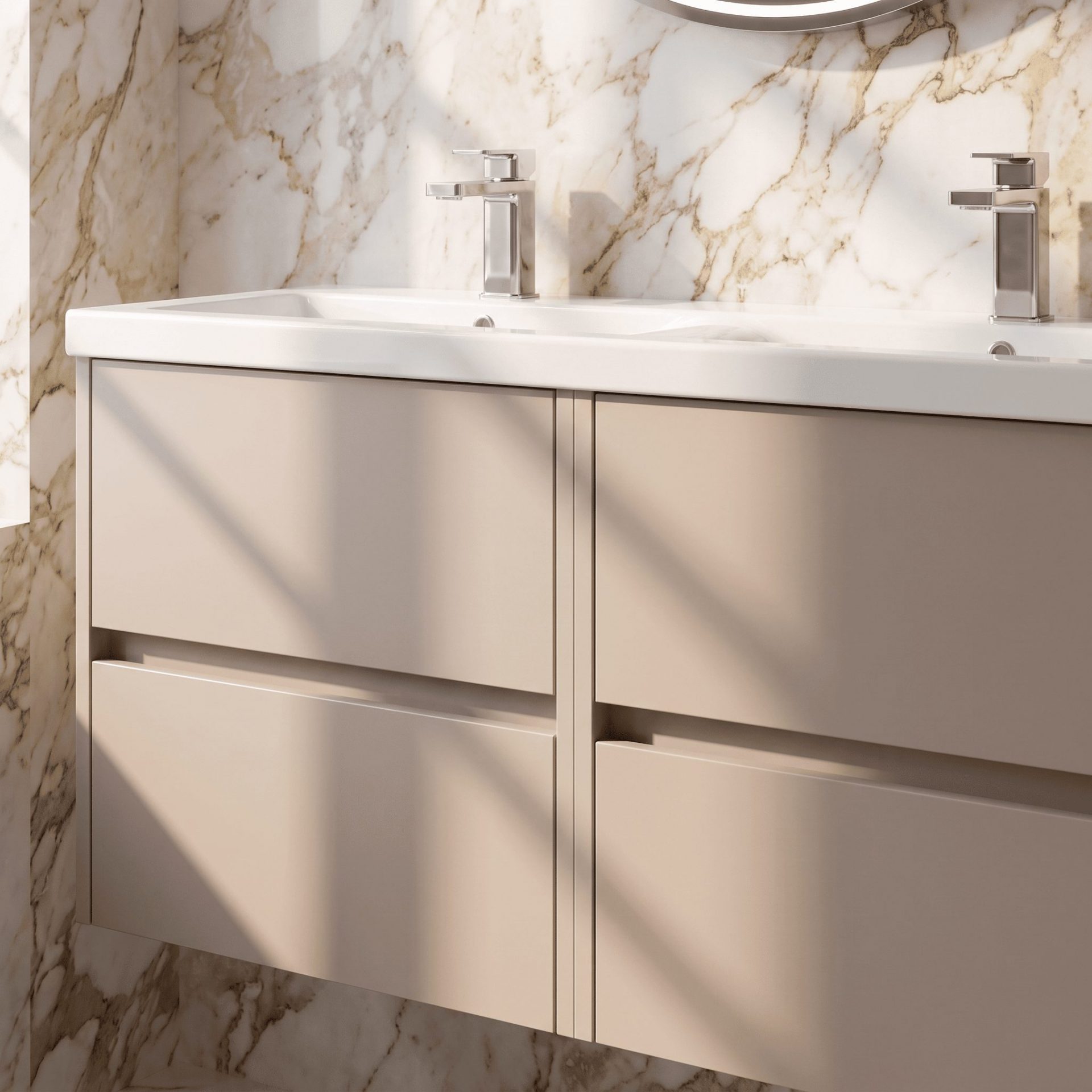 Nuie Havana 1200mm 4 Drawer Wall Hung Unit & Twin Ceramic Basin – Soft Linen