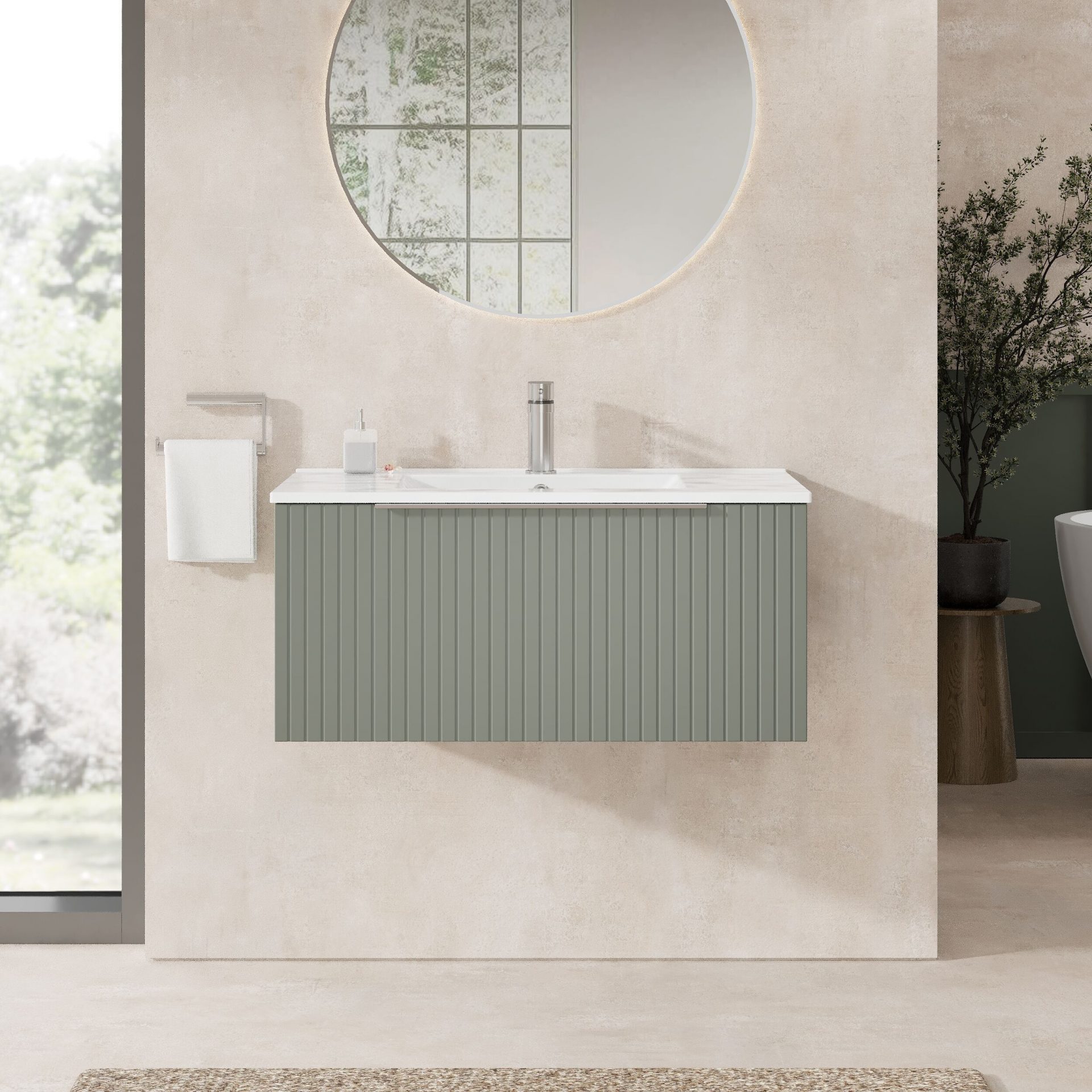 Nuie Lux Flume 800mm 1 Drawer Wall Hung Vanity Unit – Fern Green