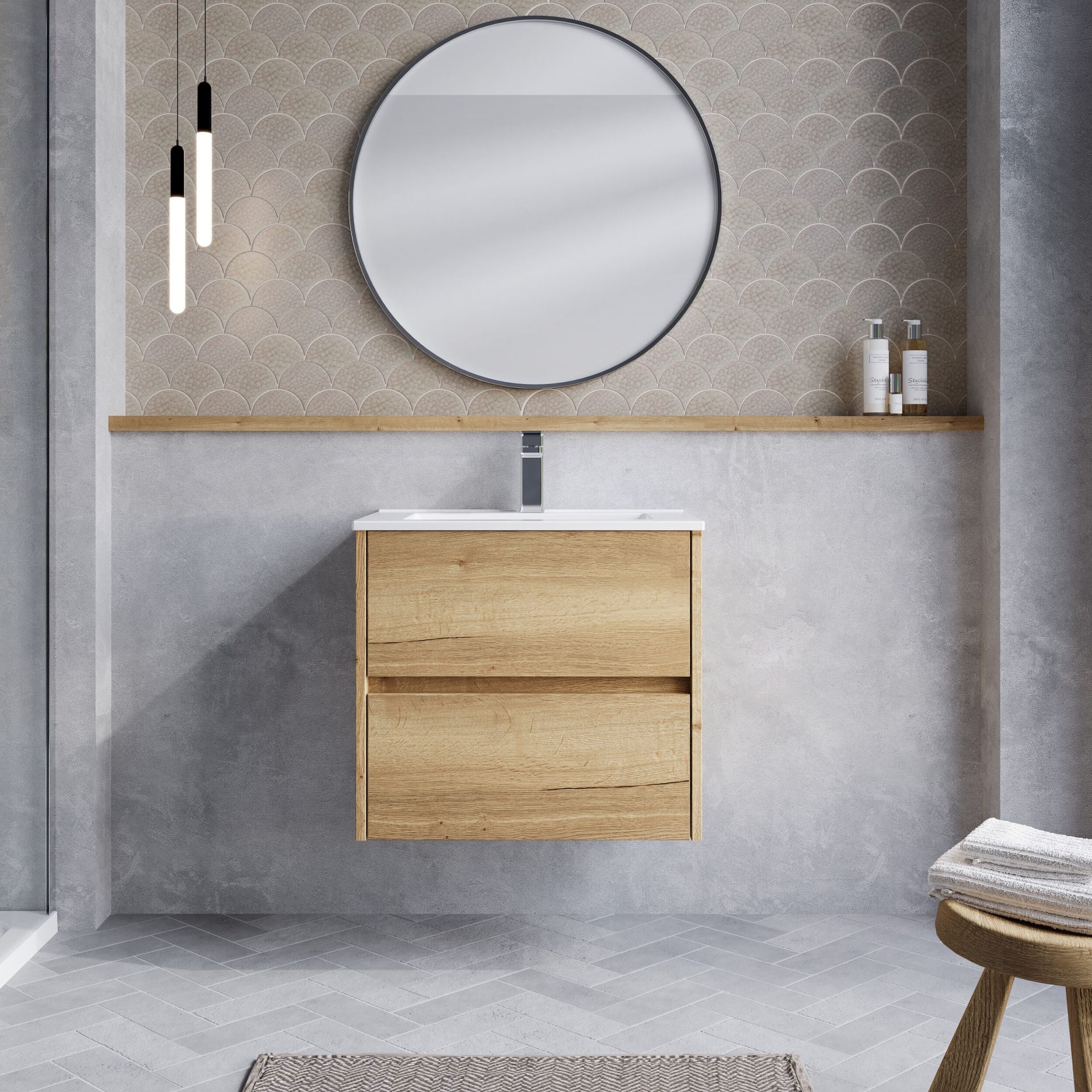 Nuie Havana 600mm 2 Drawer Wall Hung Unit & Minimalist Basin – Autumn Oak