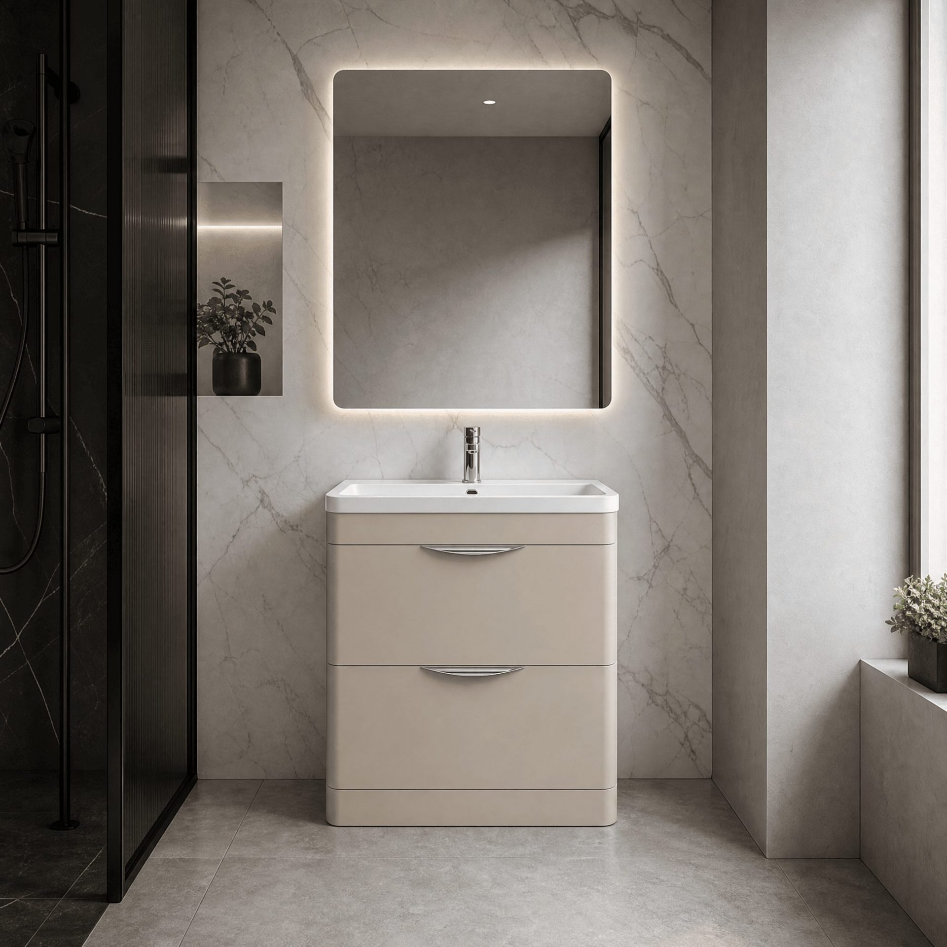 Nuie Parade 800mm 2 Drawer Floorstanding Vanity Unit & Ceramic Basin – Pebble Grey