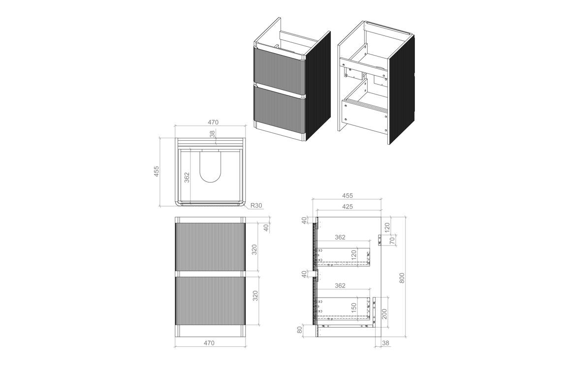 MyBathrooms Clara Fluted 500mm 2 Drawer Floorstanding Unit & 1TH Basin – Textured Oak