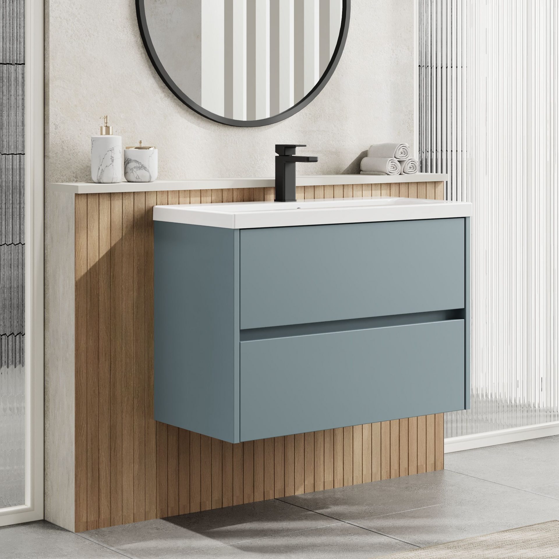 Nuie Havana 800mm 2 Drawer Wall Hung Unit & Mid-Edge Basin – Coastal Grey