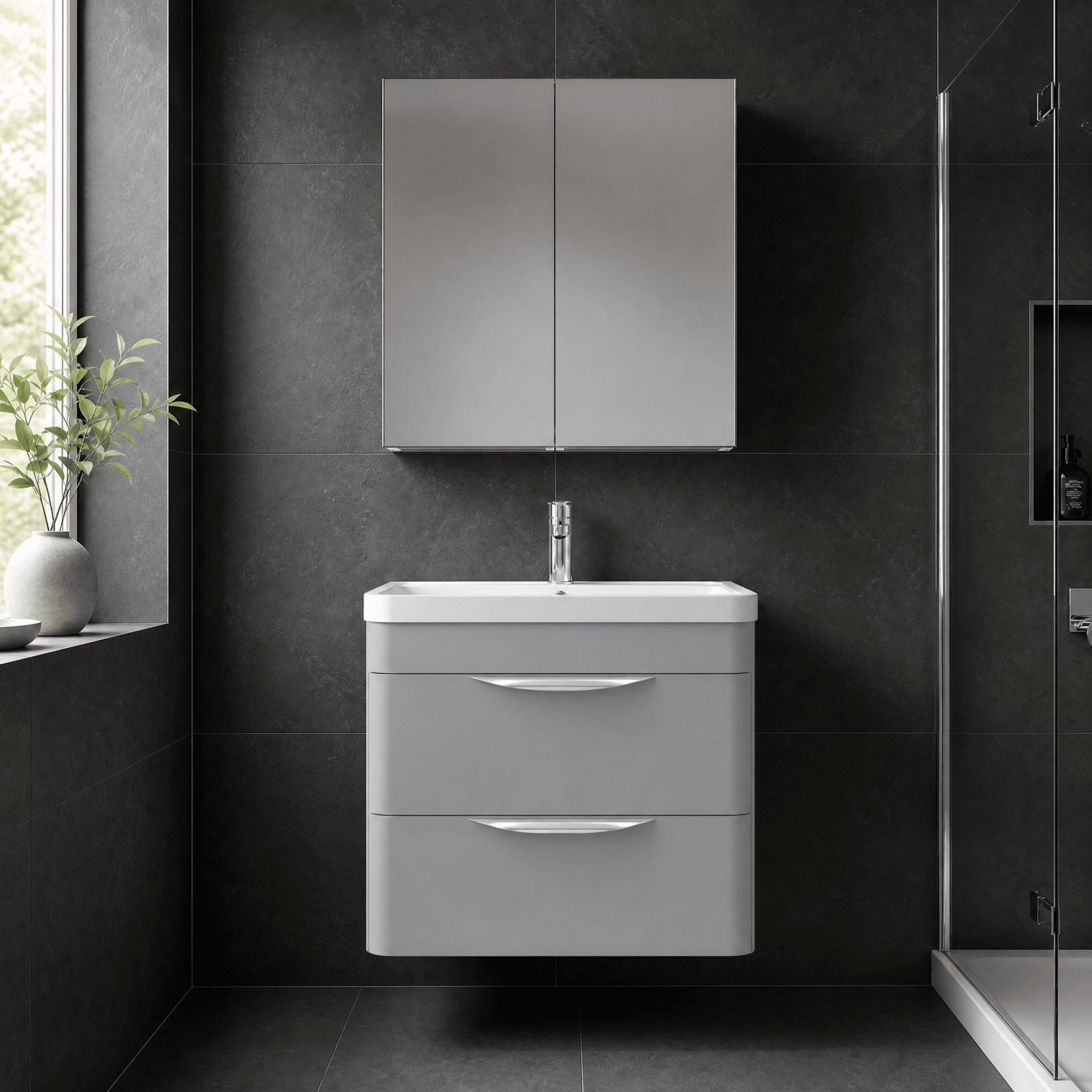 Nuie Parade 600mm 2 Drawer Wall Hung Vanity Unit & Polymarble Basin – Satin Grey
