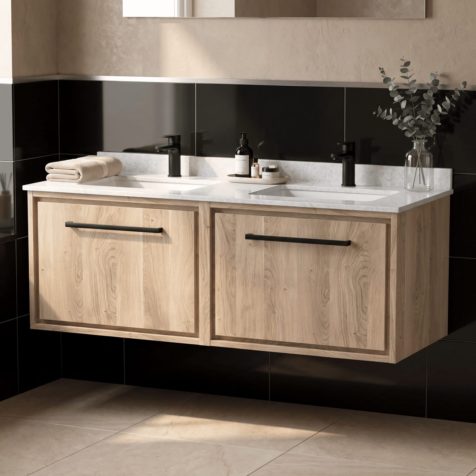 Hudson Reed Lille 1200mm 2 Drawer Wall Hung Vanity Unit & Double Basin – Bleached Oak