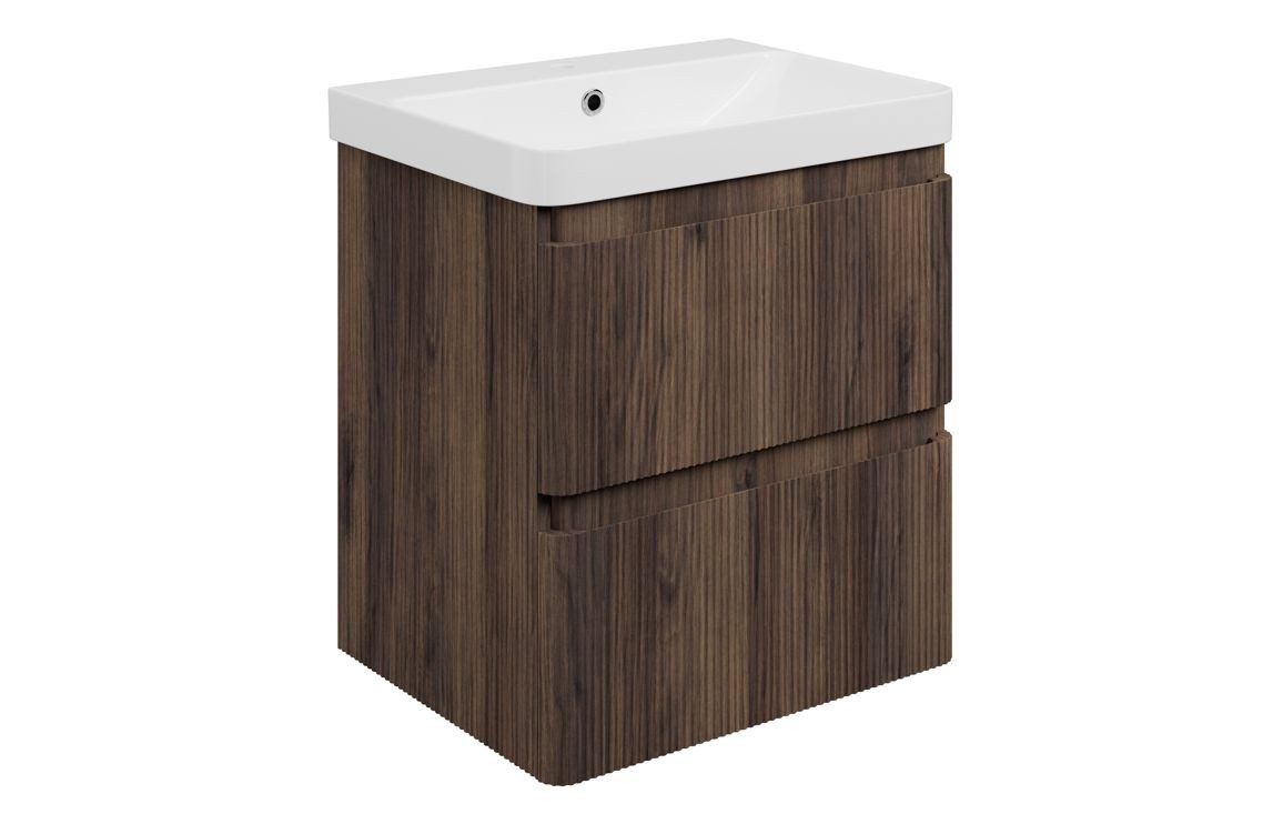MyBathrooms Clara Fluted 605mm 2 Drawer Wall Hung Unit & 1TH Basin – Textured Walnut