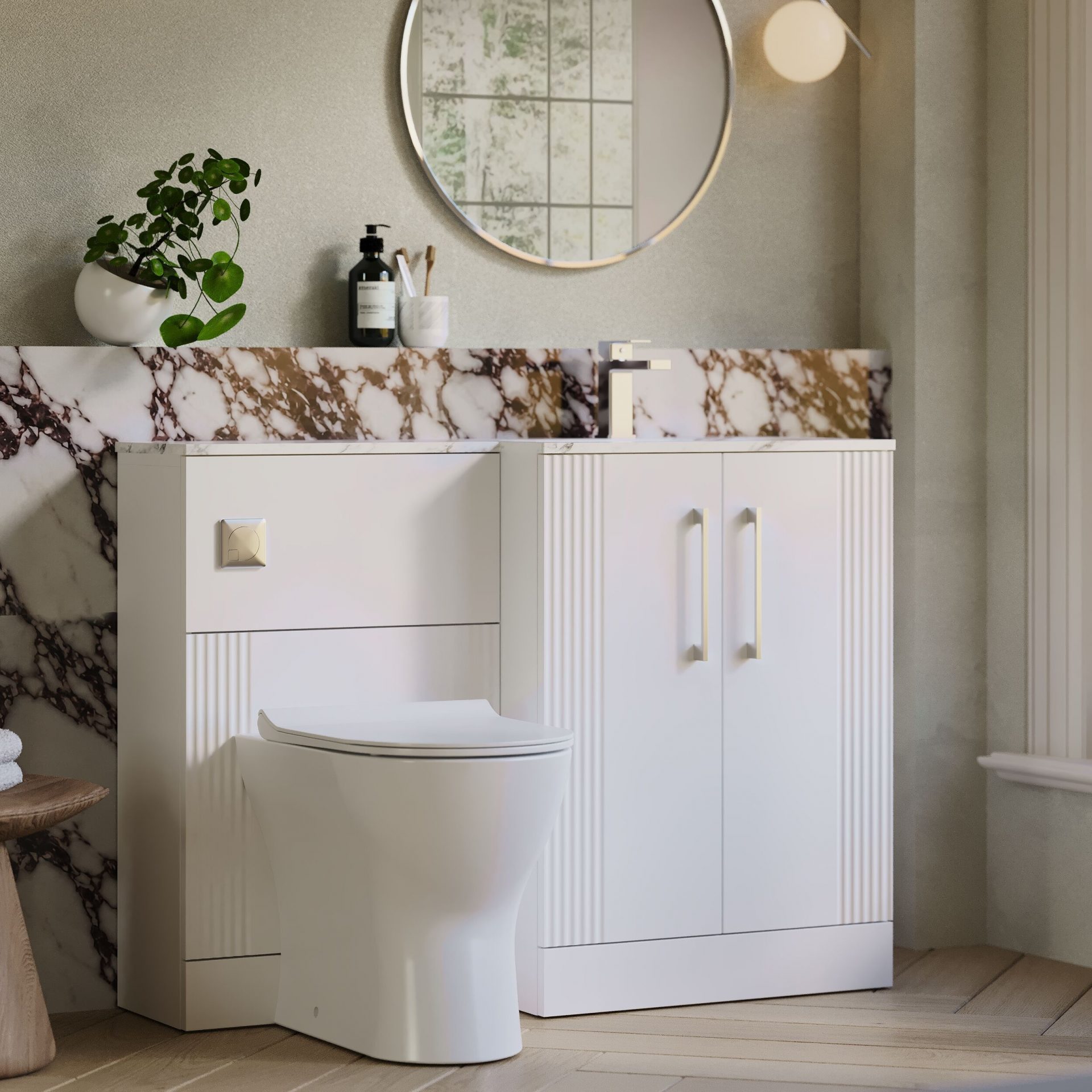 Nuie Deco 1100mm 2 Door Floor Standing Combination Unit with Carrara Marble Basin – Satin White