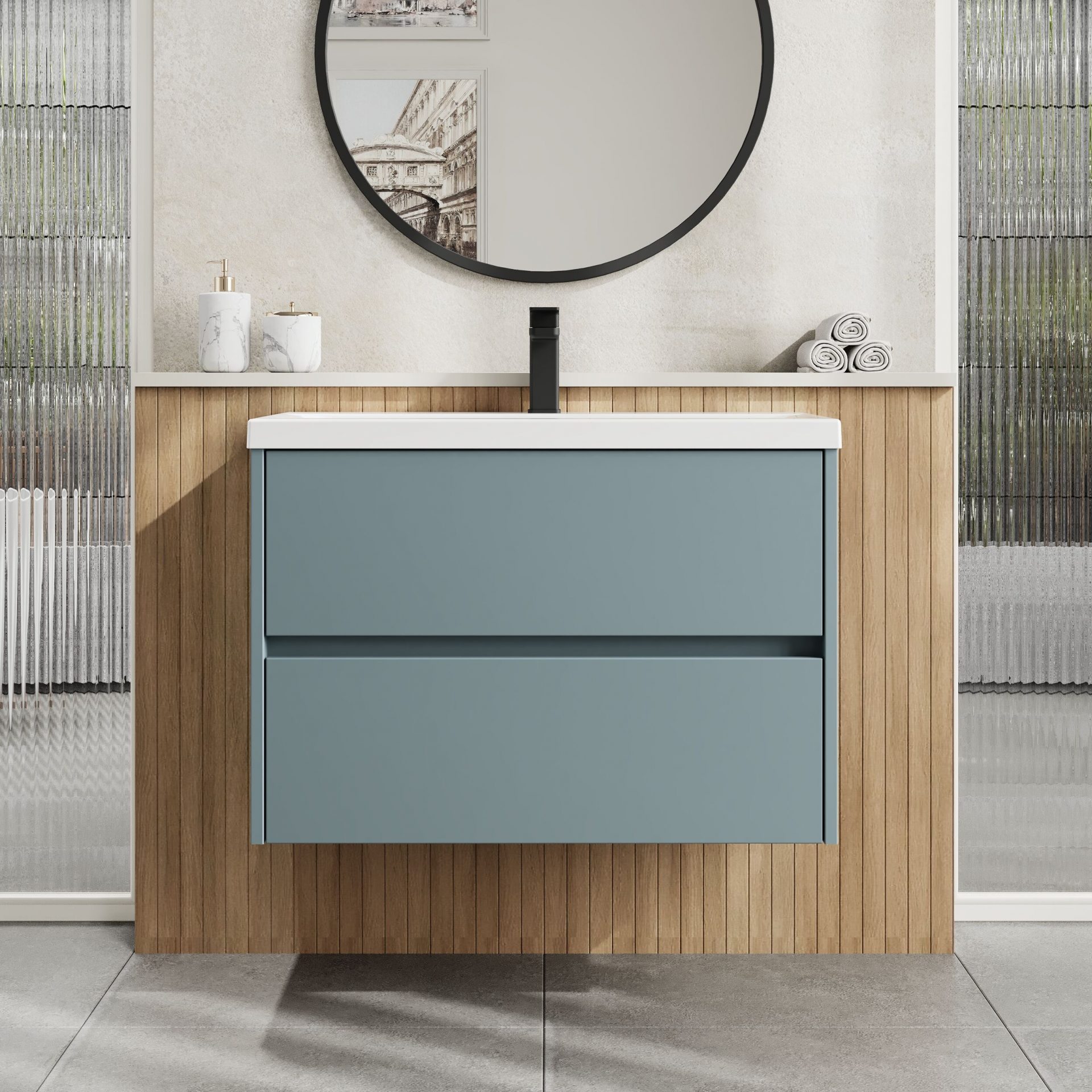 Nuie Havana 800mm 2 Drawer Wall Hung Unit & Mid-Edge Basin – Coastal Grey