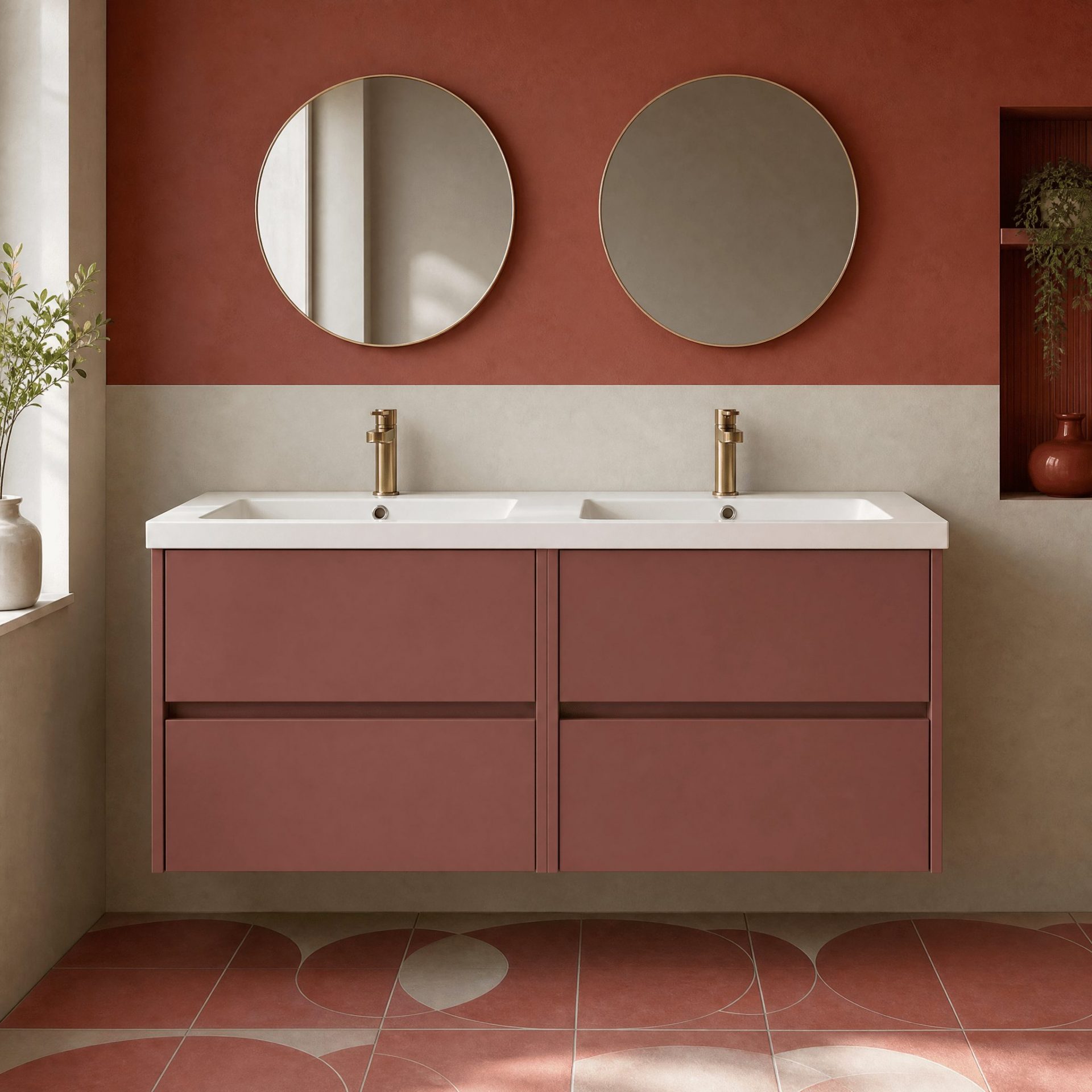 Nuie Havana 1200mm 4 Drawer Wall Hung Unit & Twin Polymarble Basin – Smoked Red