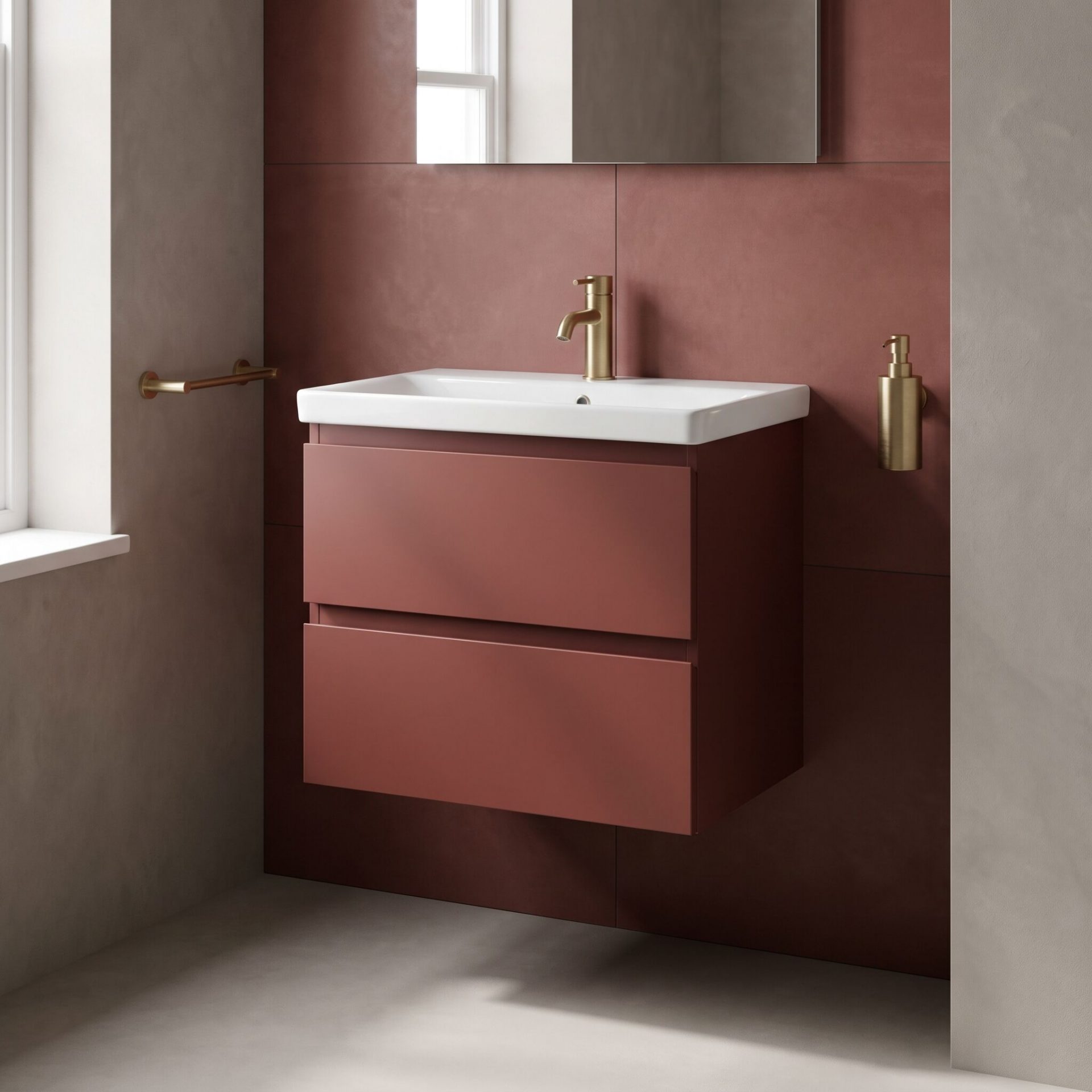 Nuie Havana 500mm 2 Drawer Wall Hung Unit & Mid Edge Basin – Smoked Red