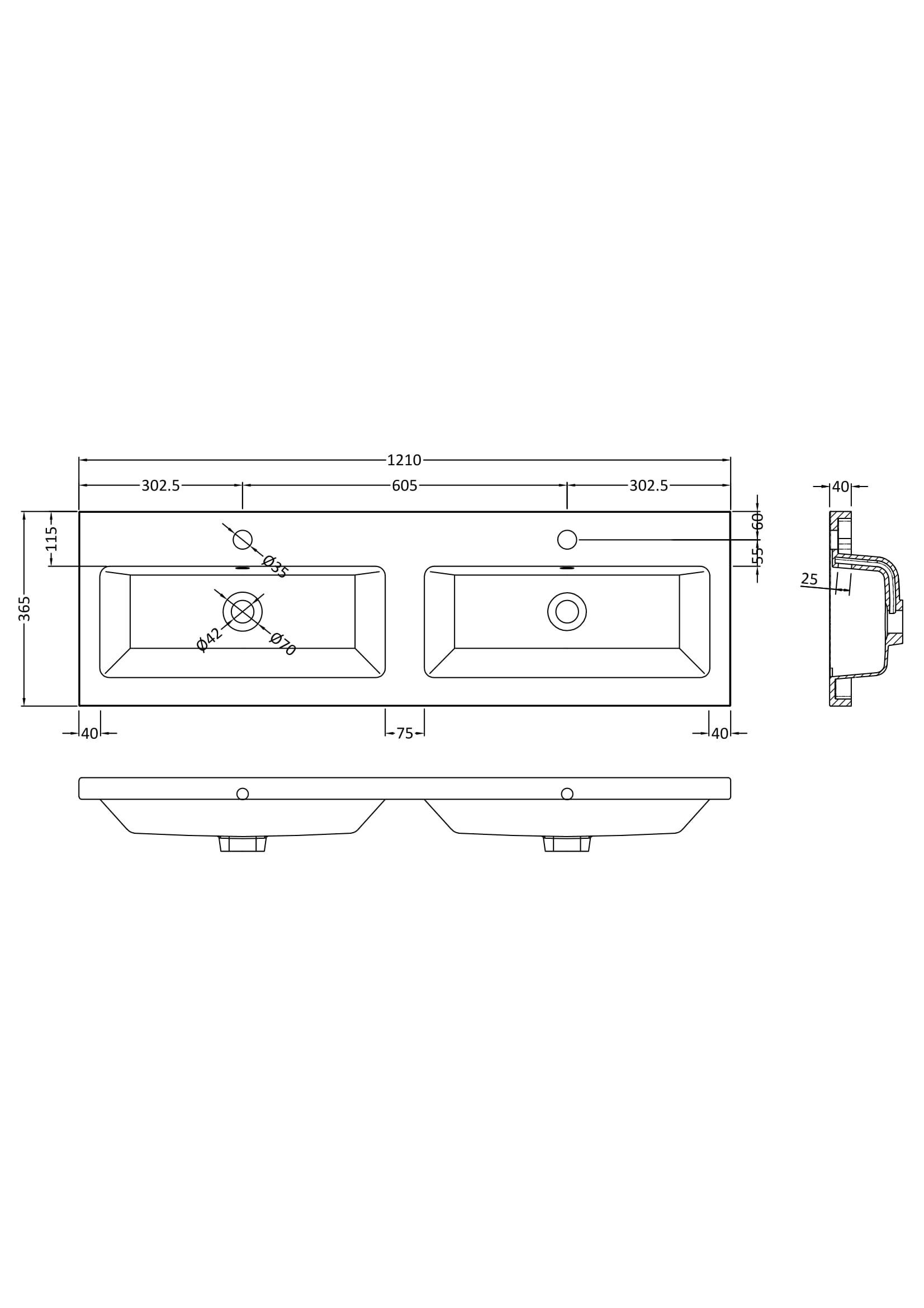 Nuie Lux 2TH 1200mm Ceramic Twin Basin