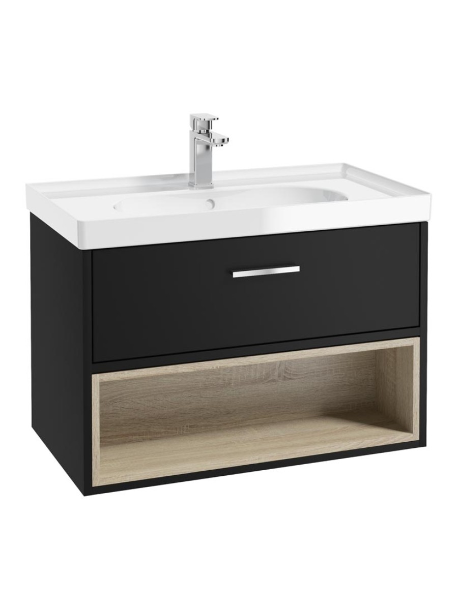 Sonas Malmo 800mm 1 Drawer Wall Hung Vanity Unit with Open Oak Shelf & Gloss Ceramic Basin – Matt Black