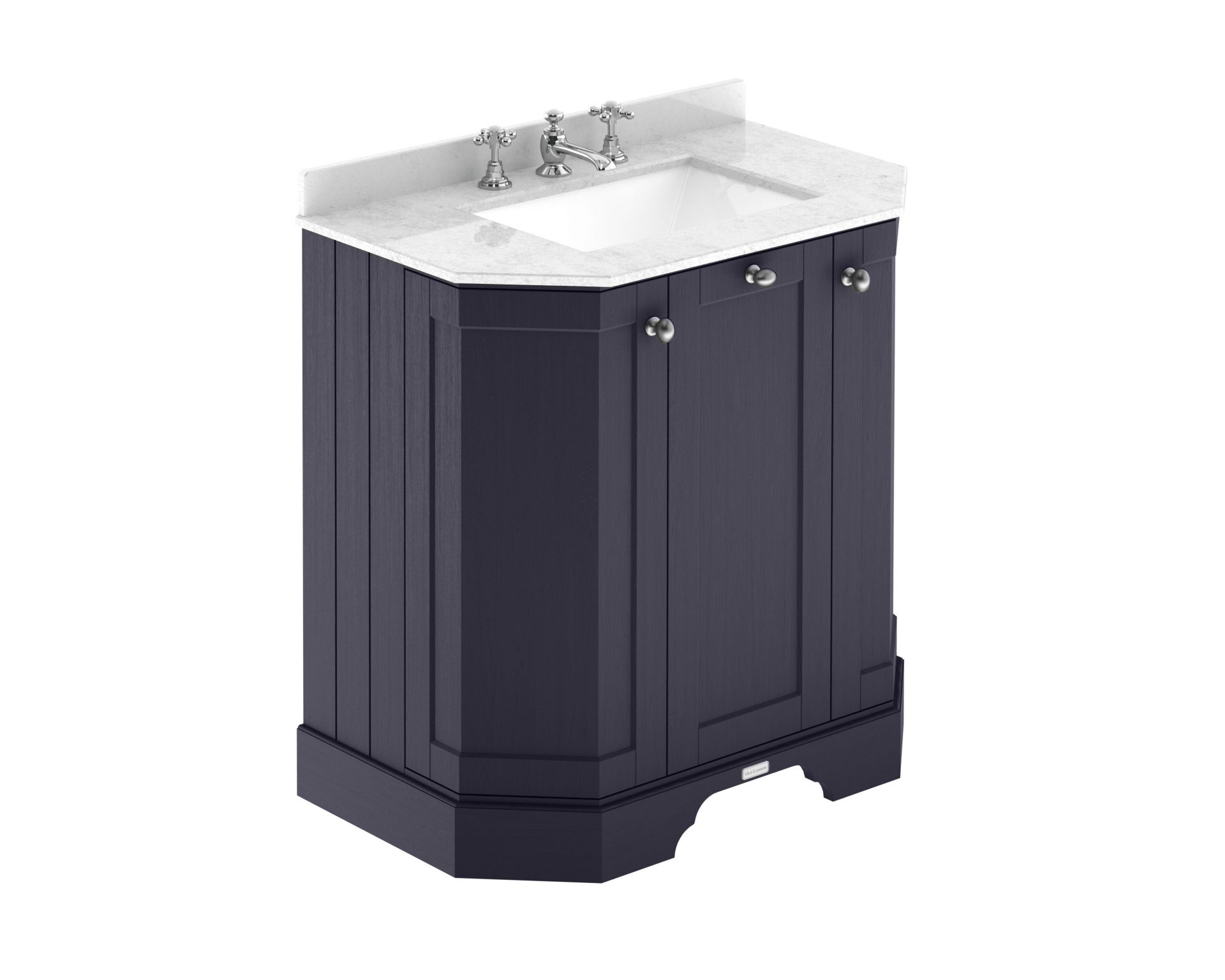 Old London 750mm 3 Door Floor Standing Angled Vanity Unit & White Marble Basin – Twilight Blue