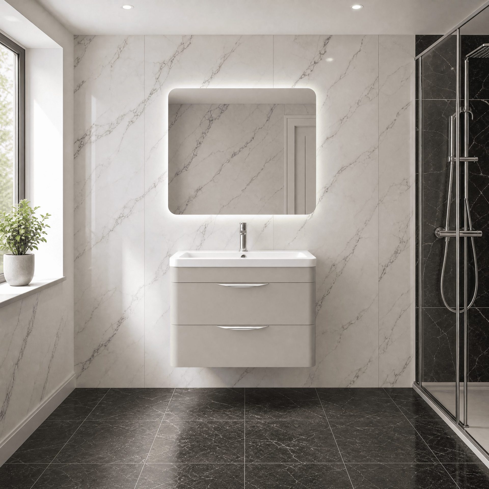 Nuie Parade 800mm 2 Drawer Wall Hung Vanity Unit & Ceramic Basin – Pebble Grey