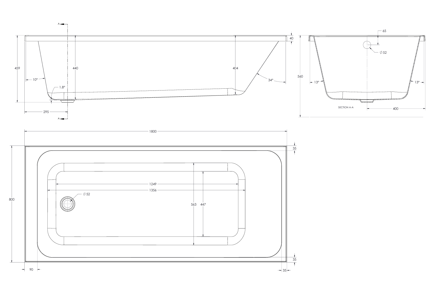 Eastbrook Beaufort 5mm Malin Single Ended Bath 1800x800mm