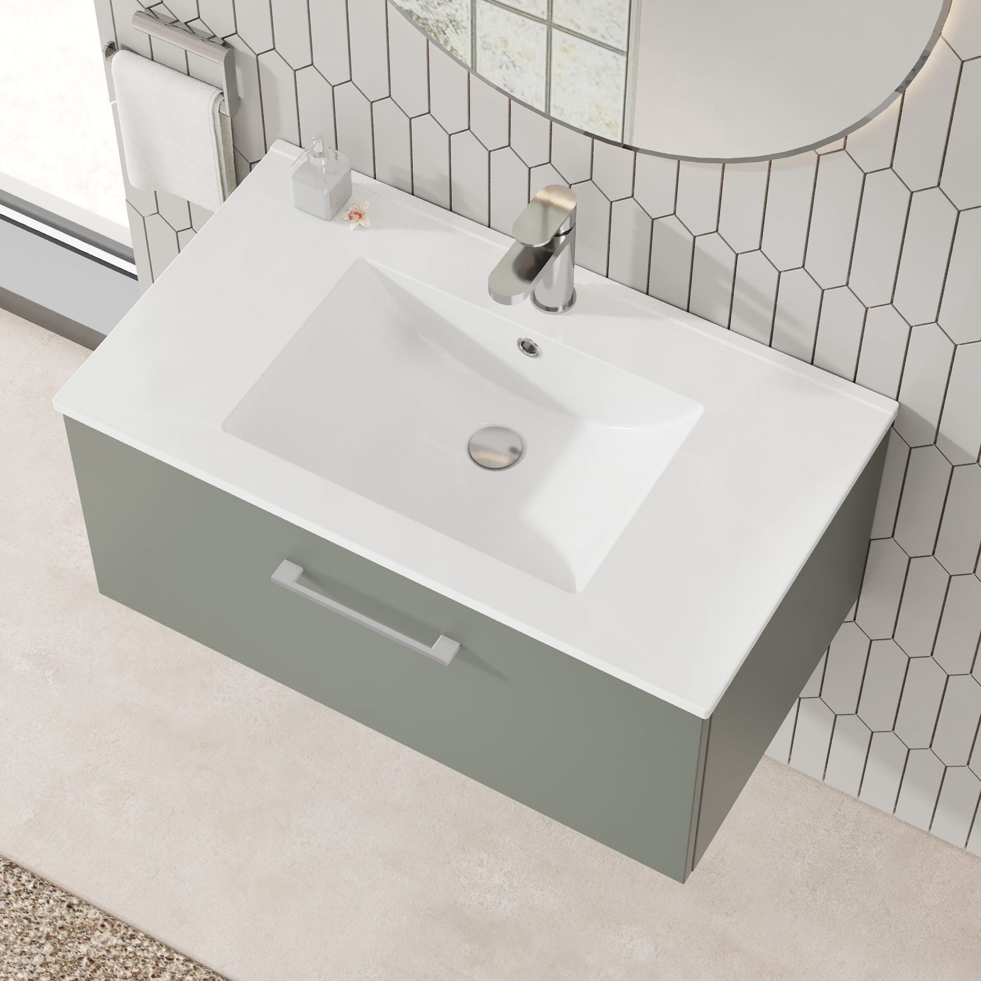 Nuie Lux Kivo 800mm 1 Drawer Wall Hung Vanity Unit – Fern Green
