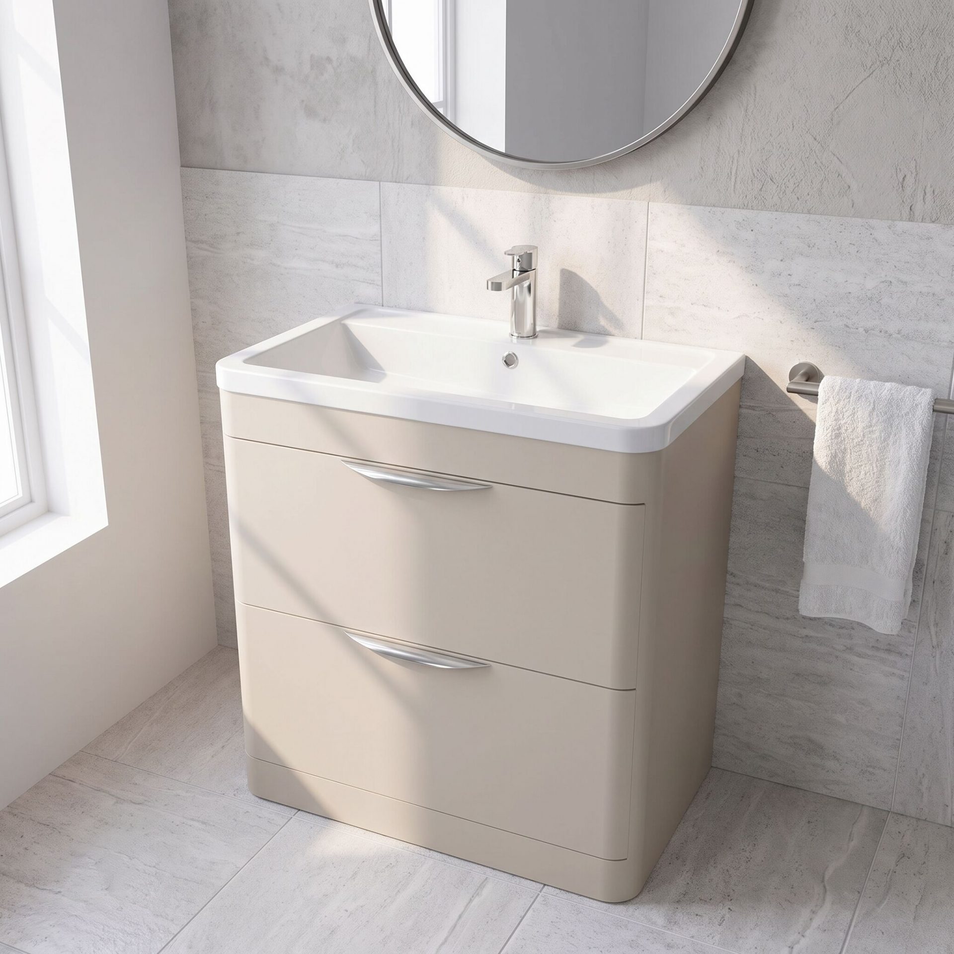 Nuie Parade 800mm 2 Drawer Floorstanding Vanity Unit & Ceramic Basin – Pebble Grey