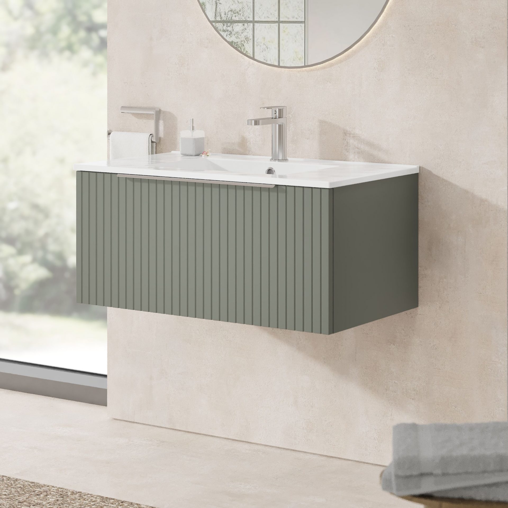 Nuie Lux Flume 800mm 1 Drawer Wall Hung Vanity Unit – Fern Green