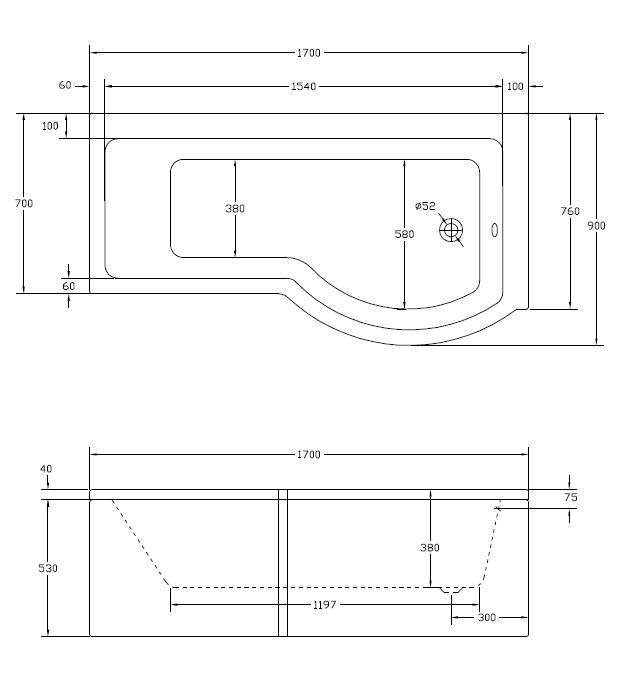 Sonas P-Shape 1700x900mm Right Hand Single Ended 12 Jet Whirlpool Bath & Panel with Bath Screen