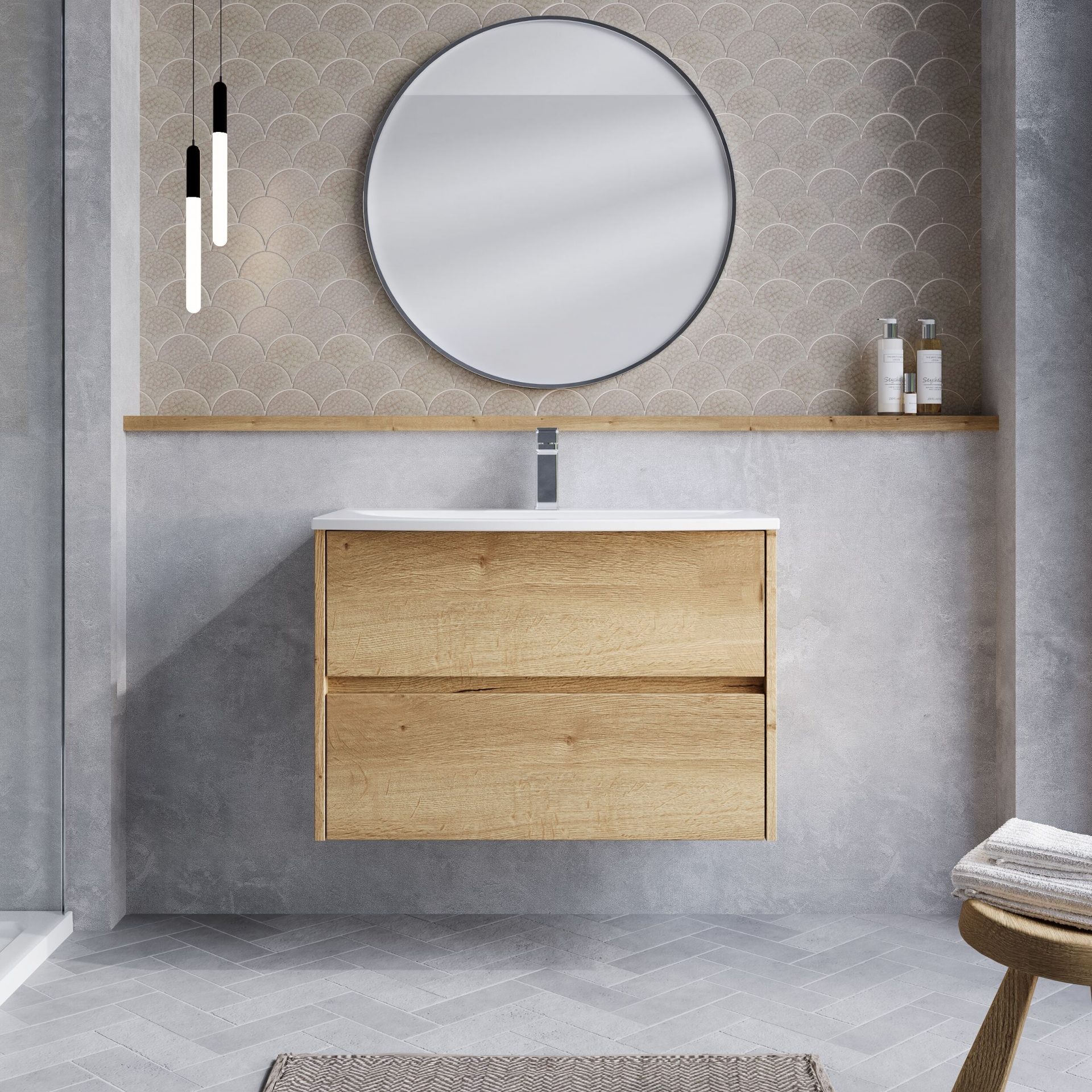 Nuie Havana 800mm 2 Drawer Wall Hung Unit & Curved Basin – Autumn Oak