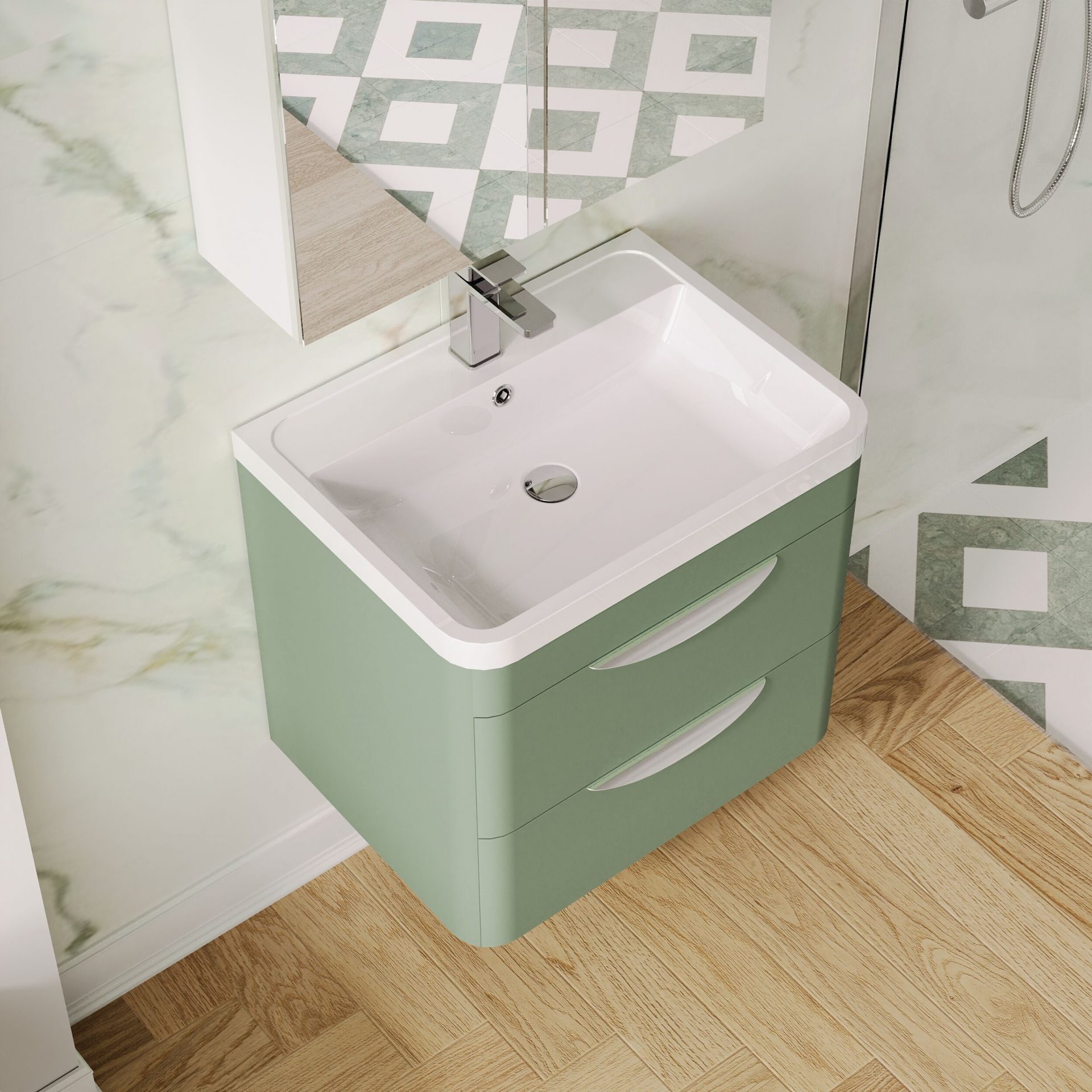 Nuie Parade 600mm 2 Drawer Wall Hung Vanity Unit & Polymarble Basin – Satin Green