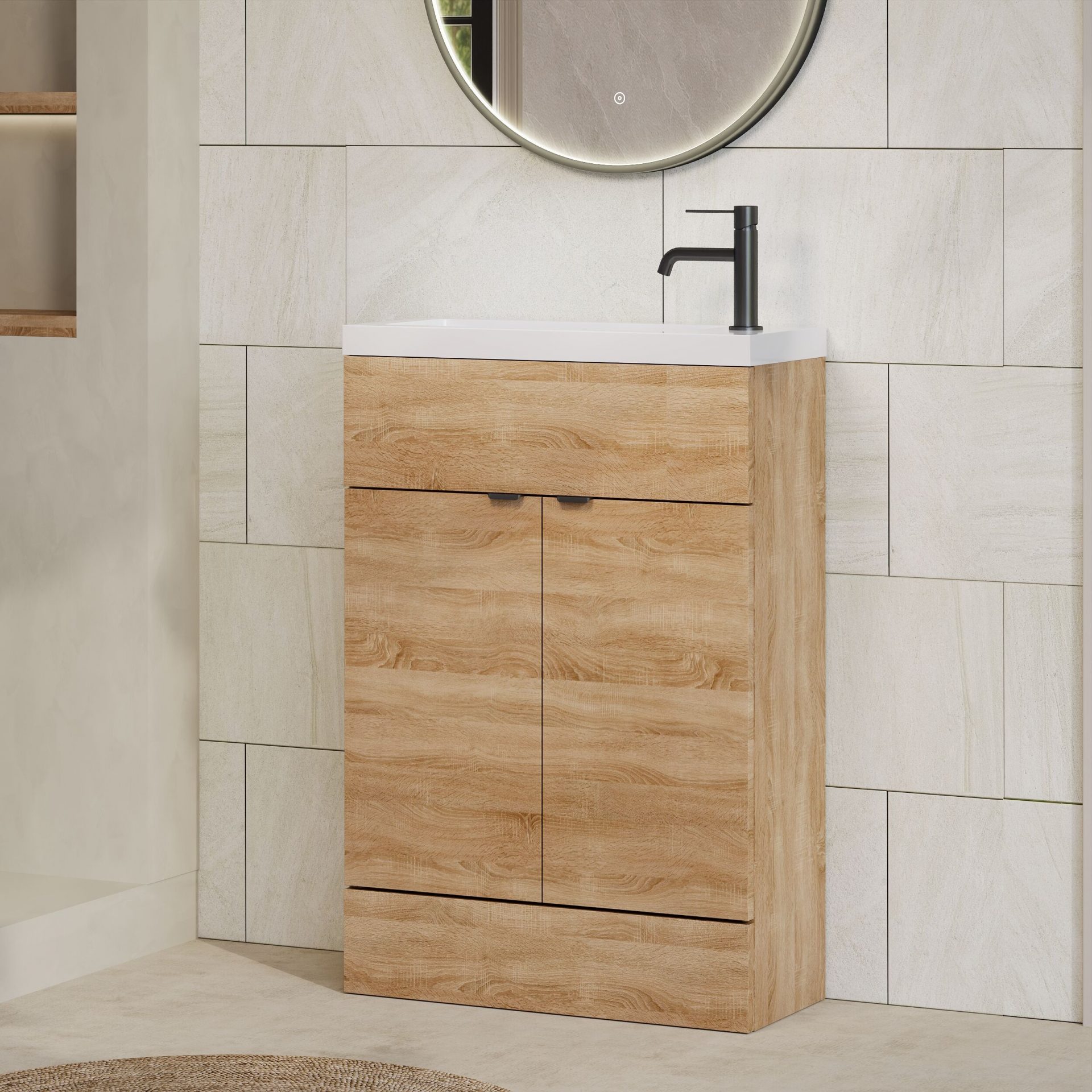 Hudson Reed Fusion Slimline 600mm 2 Door Floor Standing Vanity Unit – Bleached Oak
