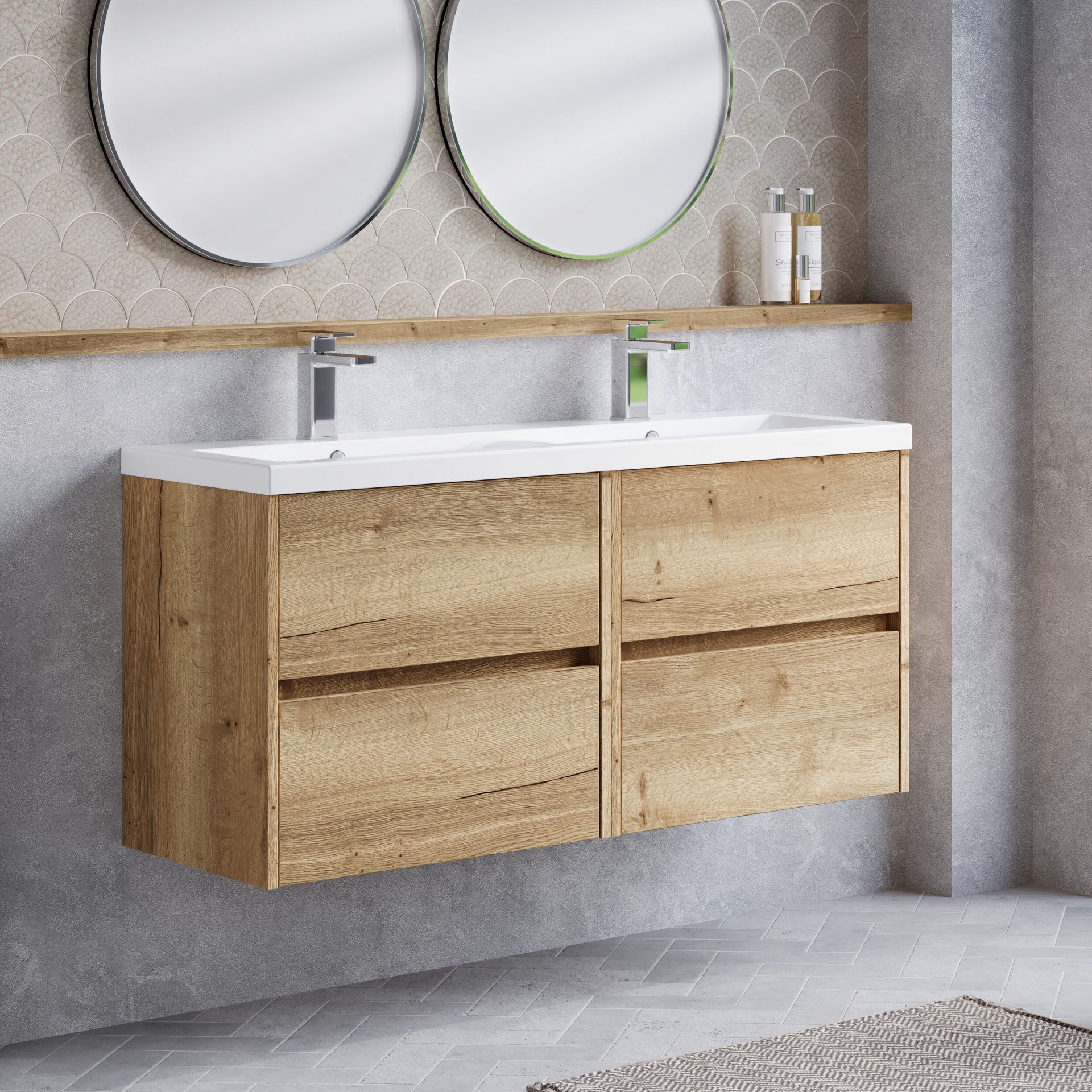 Nuie Havana 1200mm 4 Drawer Wall Hung Unit & Twin Ceramic Basin – Autumn Oak