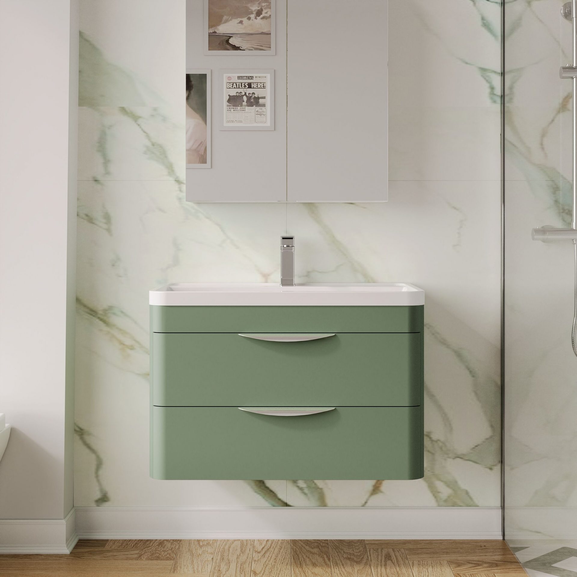 Nuie Parade 800mm 2 Drawer Wall Hung Vanity Unit & Polymarble Basin – Satin Green