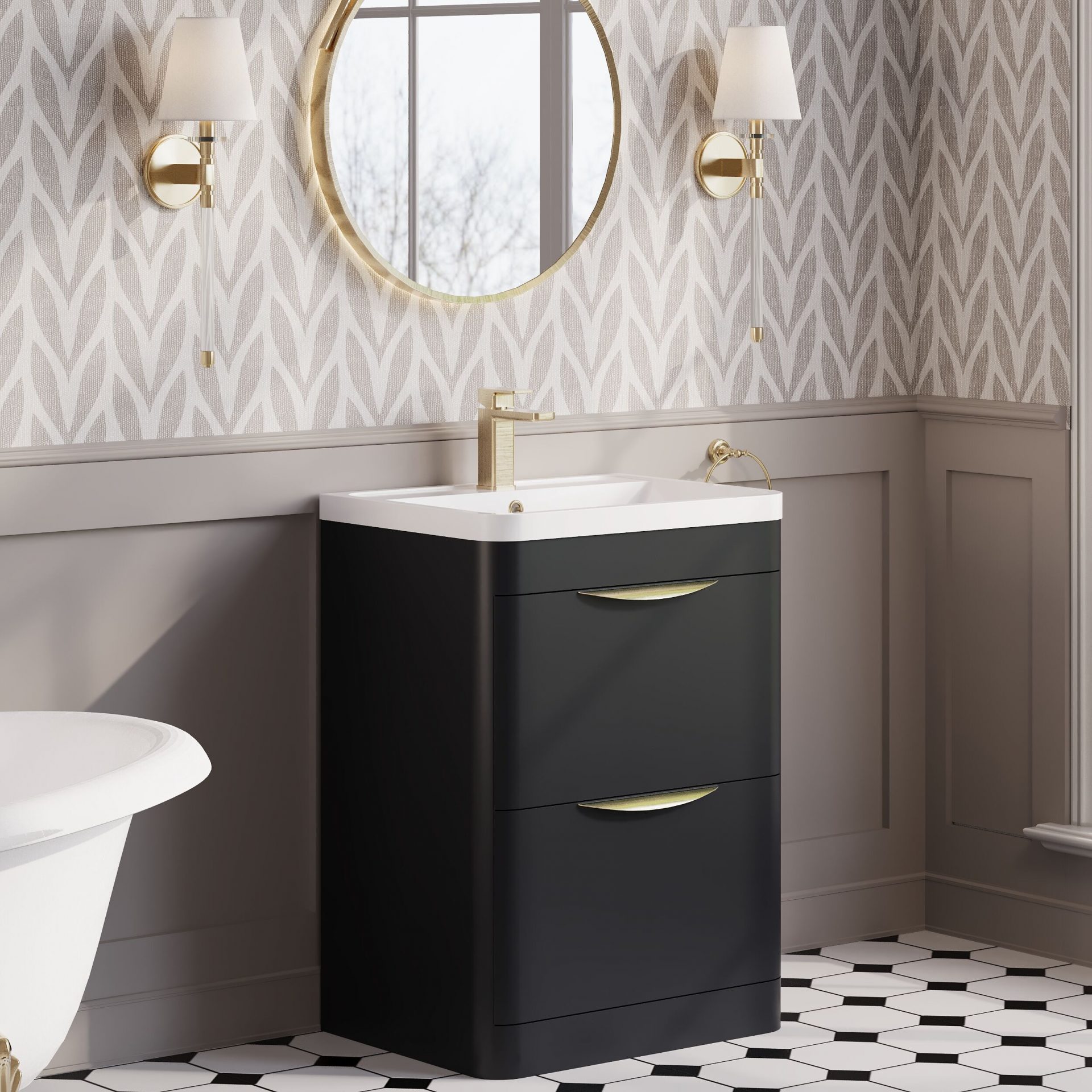 Nuie Parade 600mm 2 Drawer Floorstanding Vanity Unit & Polymarble Basin – Soft Black
