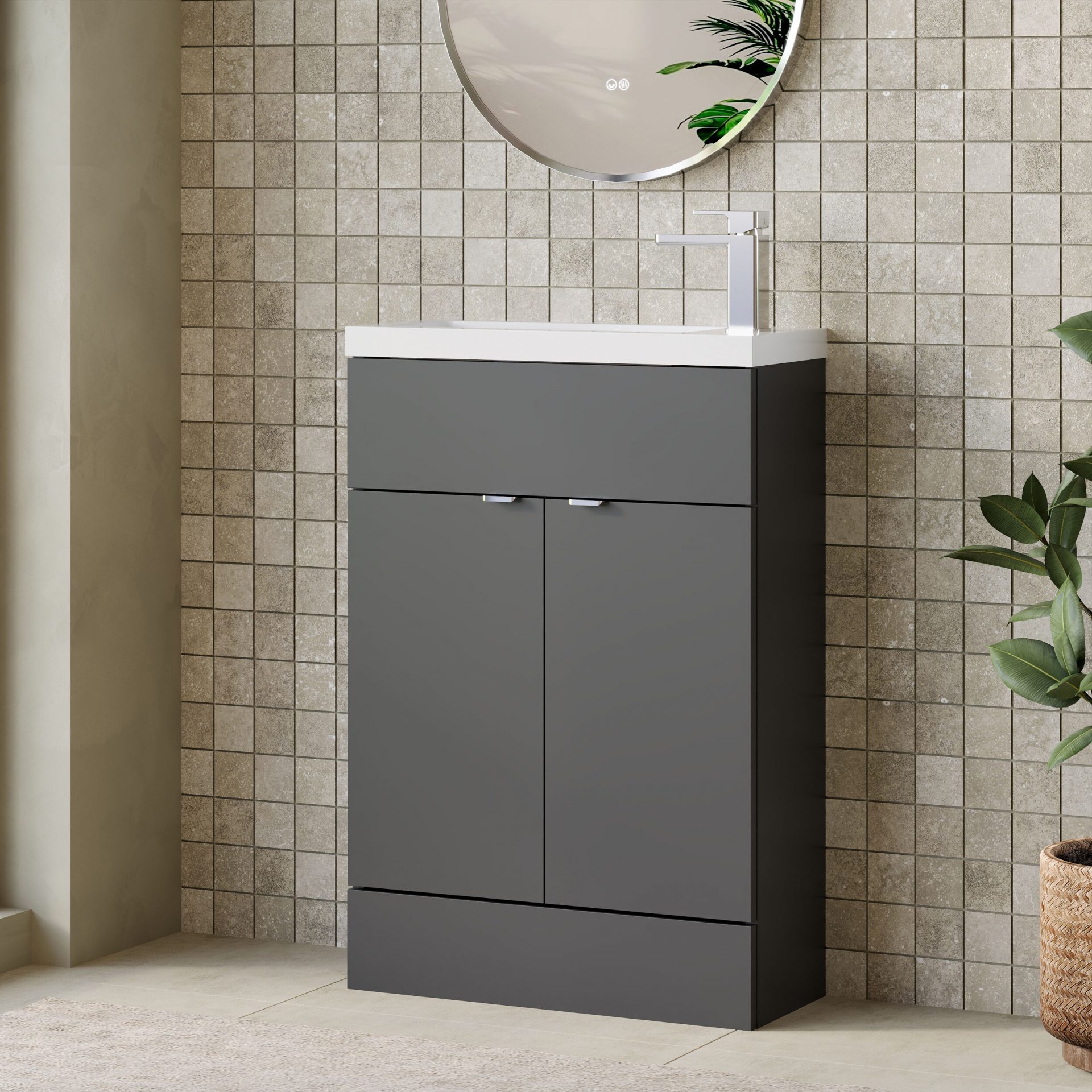 Hudson Reed Fusion Slimline 600mm 2 Door Floor Standing Vanity Unit – Gloss Grey