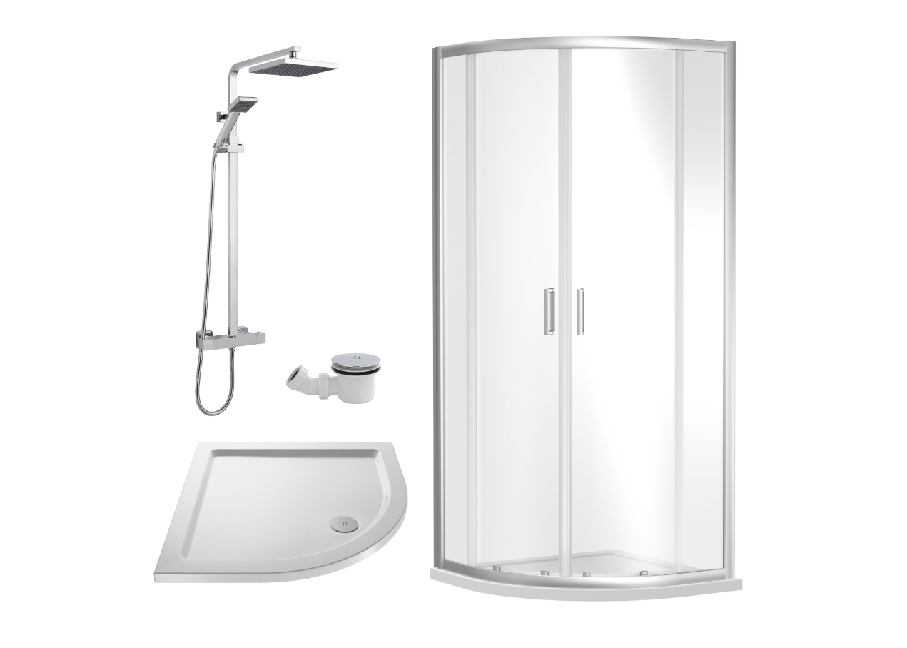 900mm Chrome Quadrant Shower Enclosure With White Tray, Waste and Square Thermostatic Shower Kit