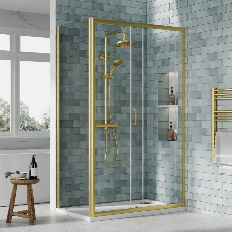 1200 x 700mm Brushed Brass Single Sliding Shower Enclosure With White Tray