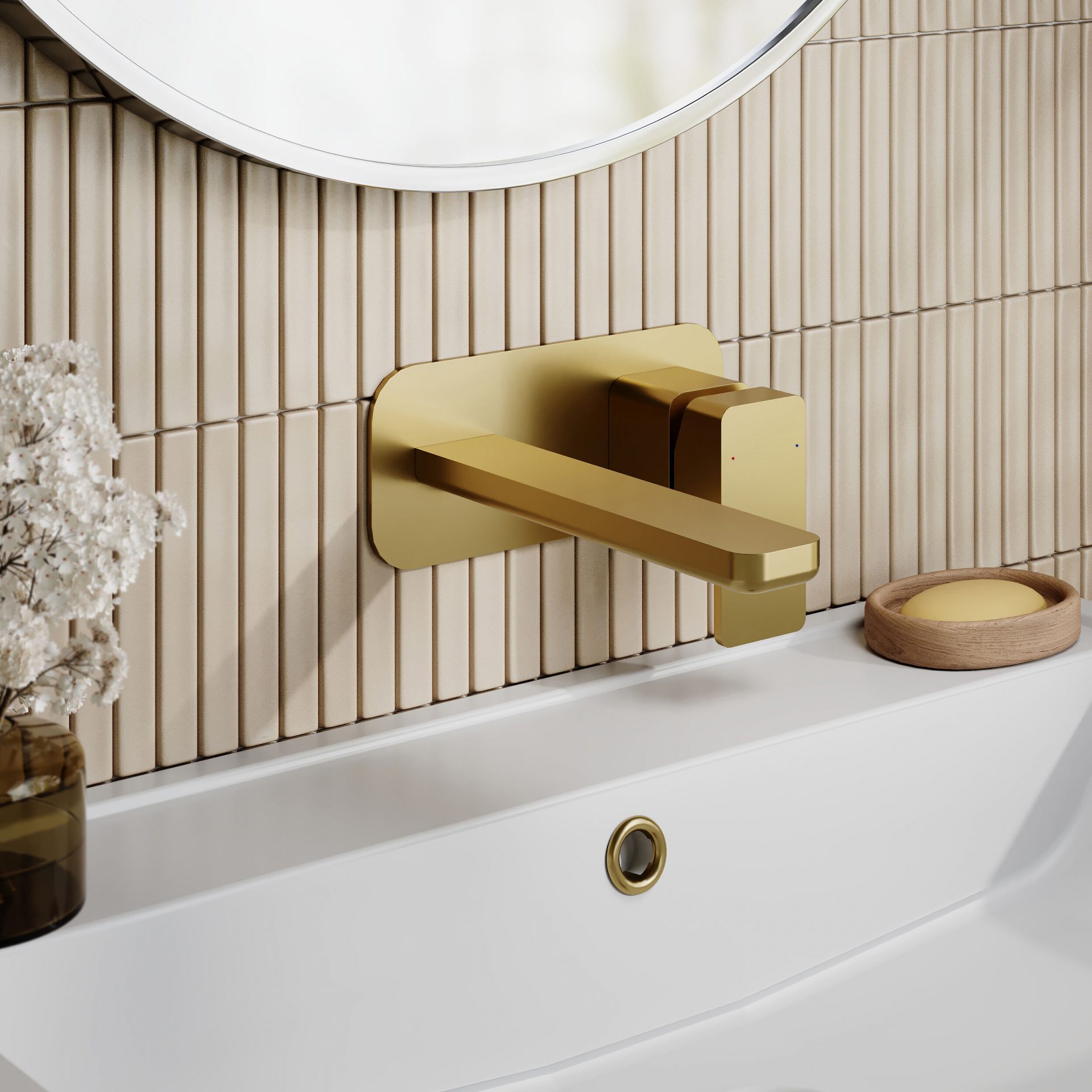 Nuie Windon Wall Mounted 2 Tap Hole Basin Mixer With Plate – Brushed Brass