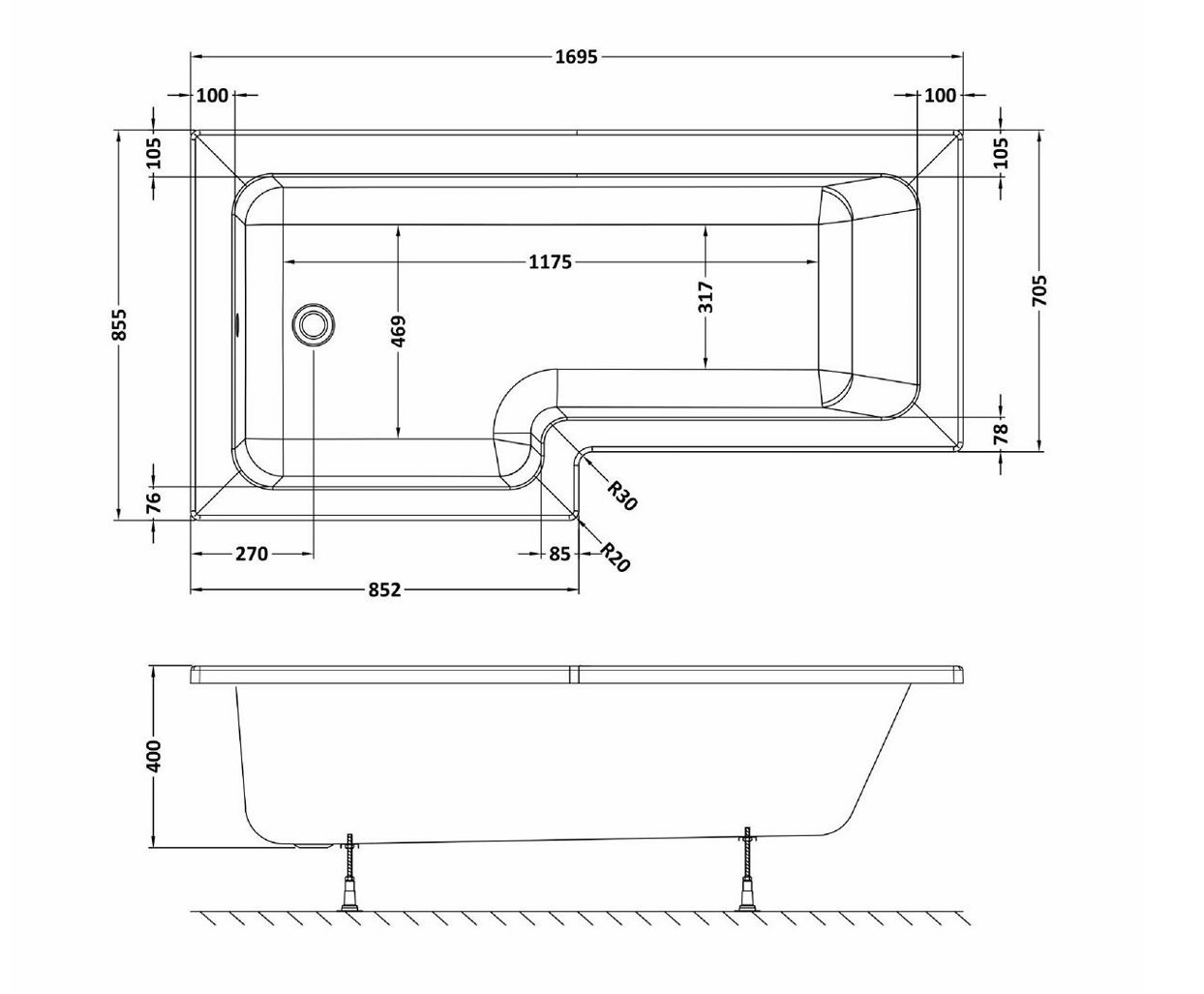 1700mm Left Hand Square Shower Bath Set with Screen, Side Panel And Leg Set