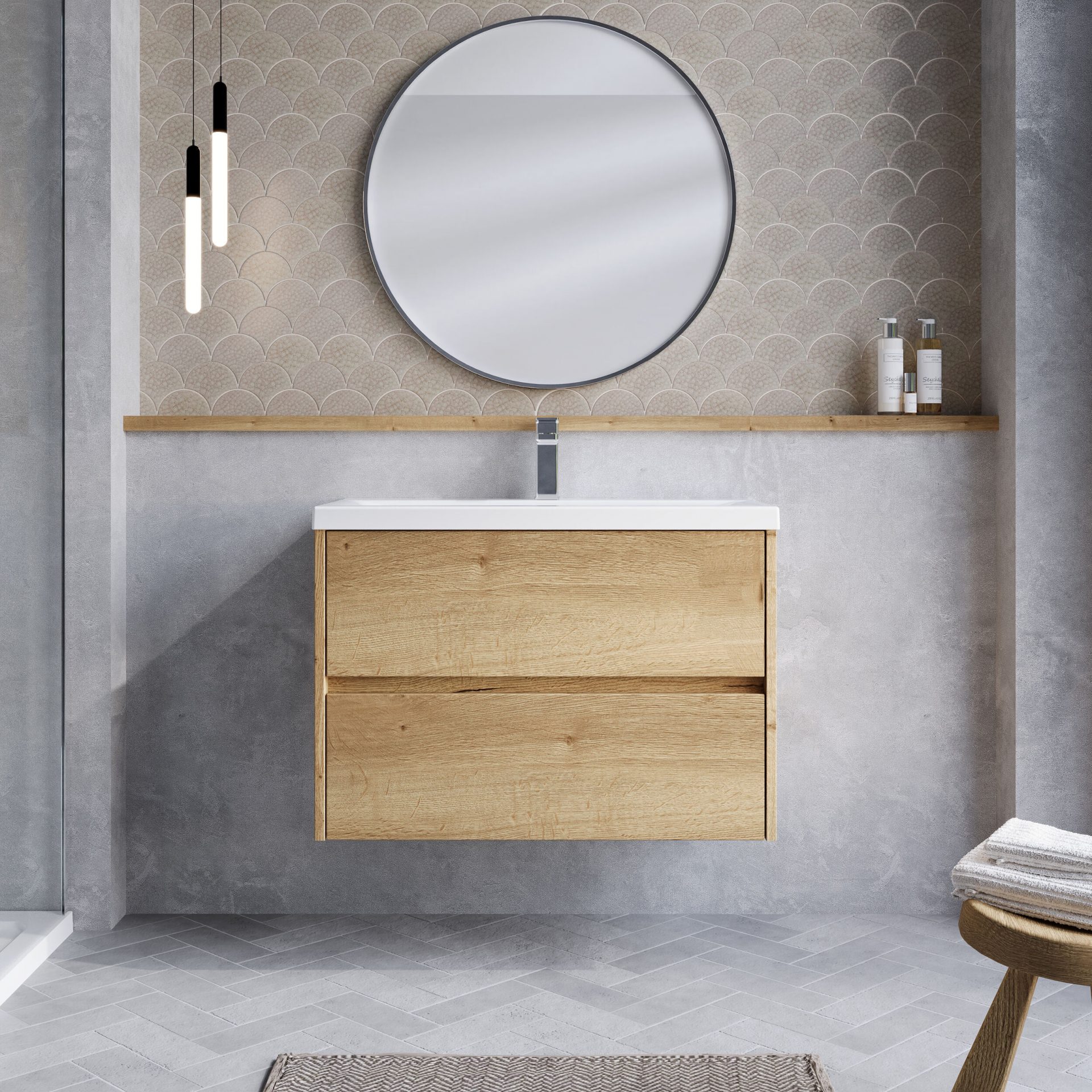Nuie Havana 800mm 2 Drawer Wall Hung Unit & Mid-Edge Basin – Autumn Oak