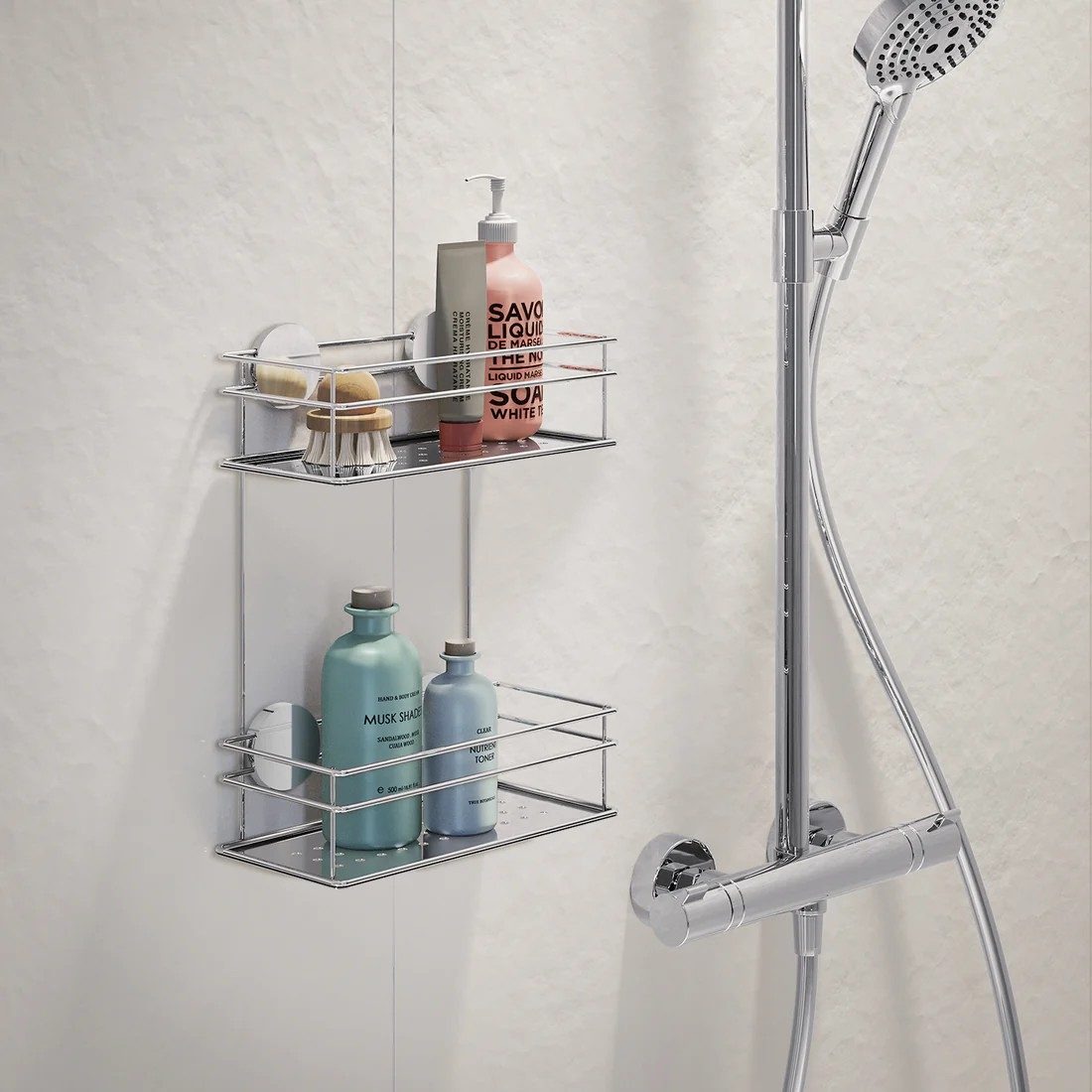 Smedbo Beslagsboden Double Shower Basket, Self-adhesive – Chrome
