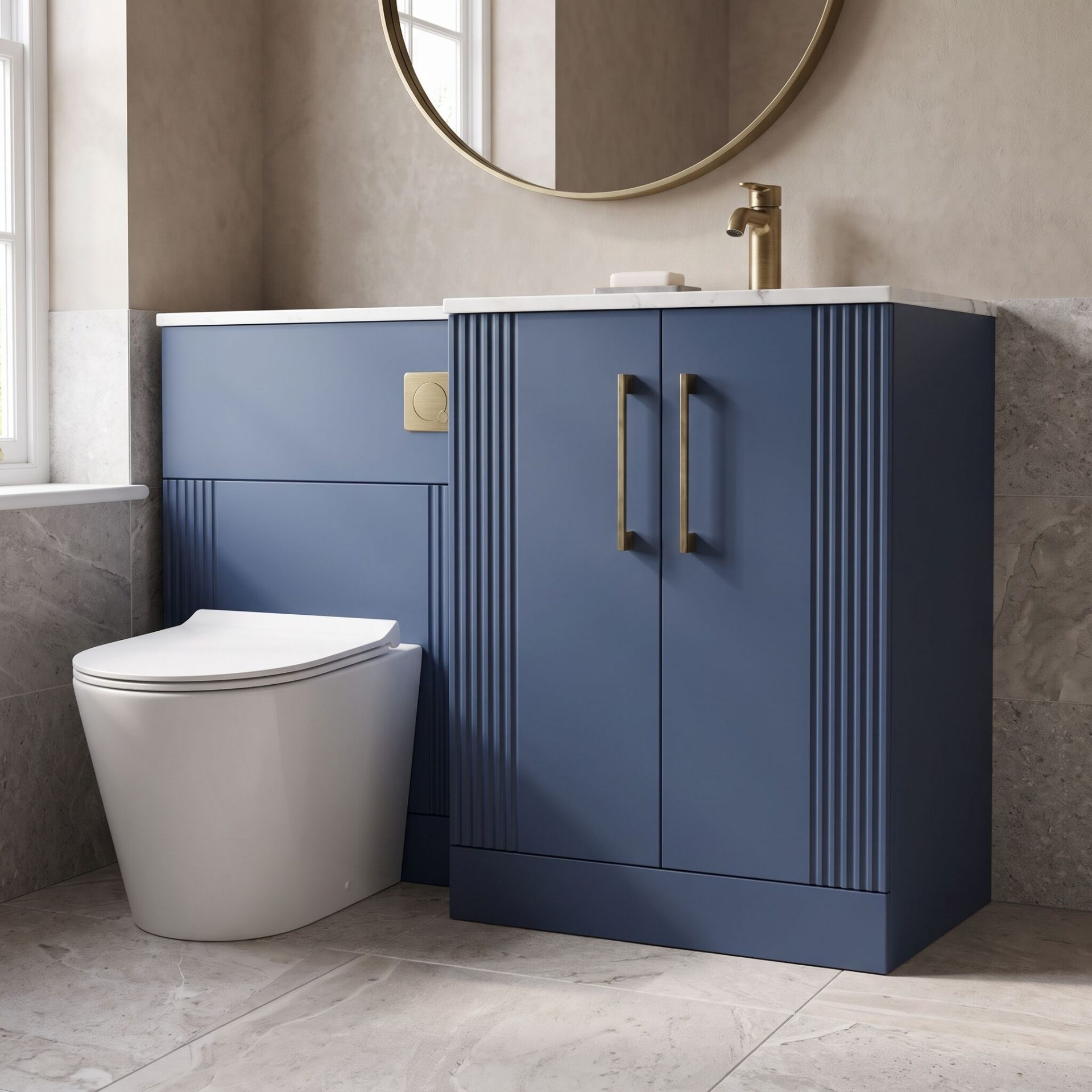 Nuie Deco 1100mm 2 Door Floor Standing Combination Unit with Carrara Marble Basin – Satin Blue