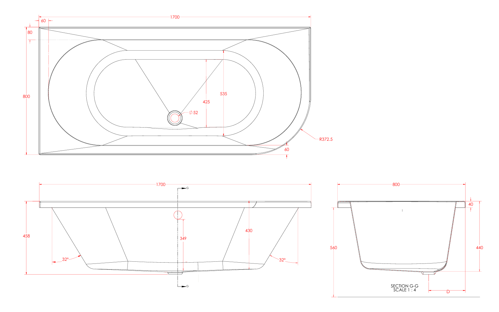 Eastbrook Beaufort 5mm Biscay Double Ended Bath 1700x800mm
