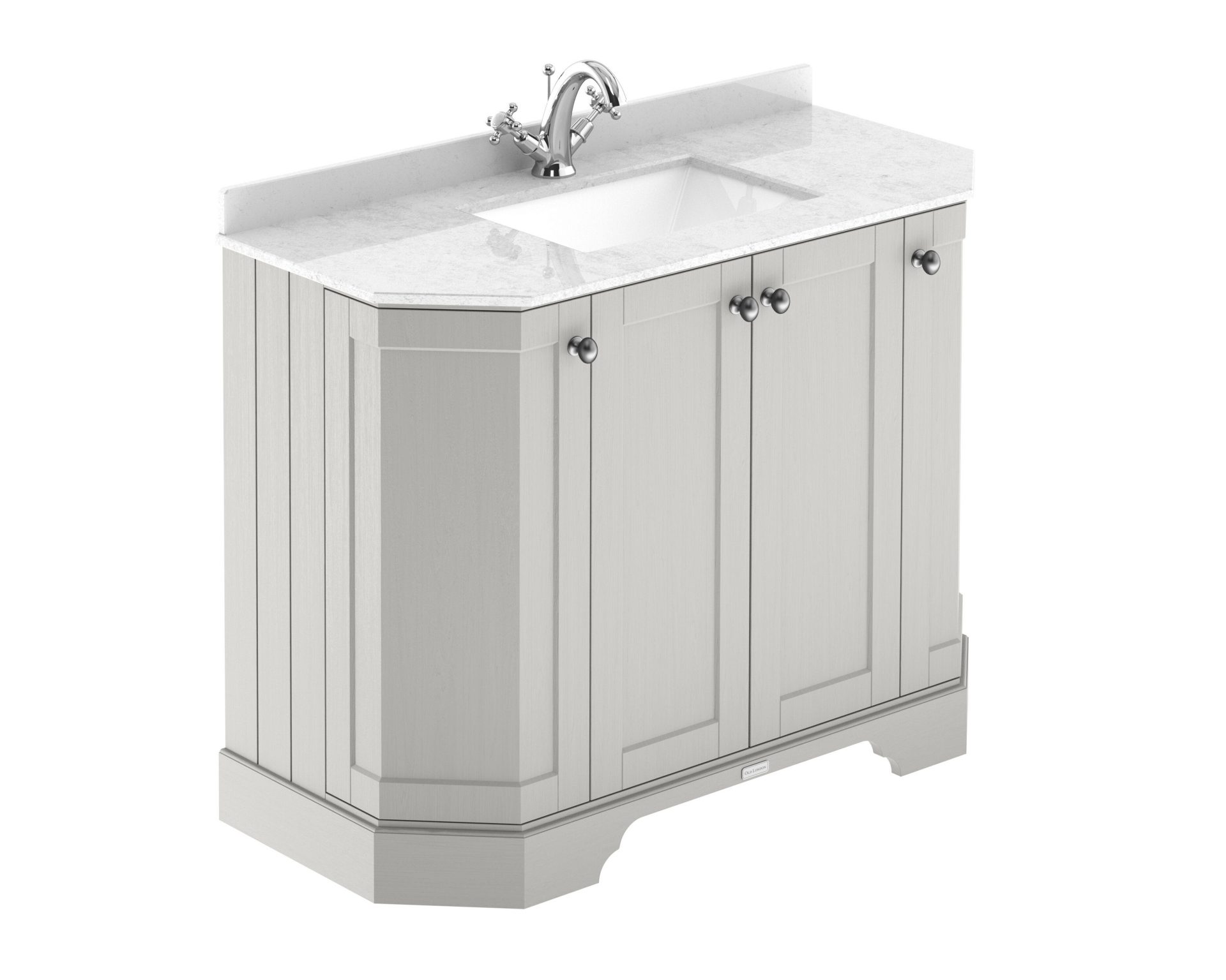 Old London 1000mm 4 Door Floor Standing Angled Vanity Unit & White Marble Basin – Timeless Sand